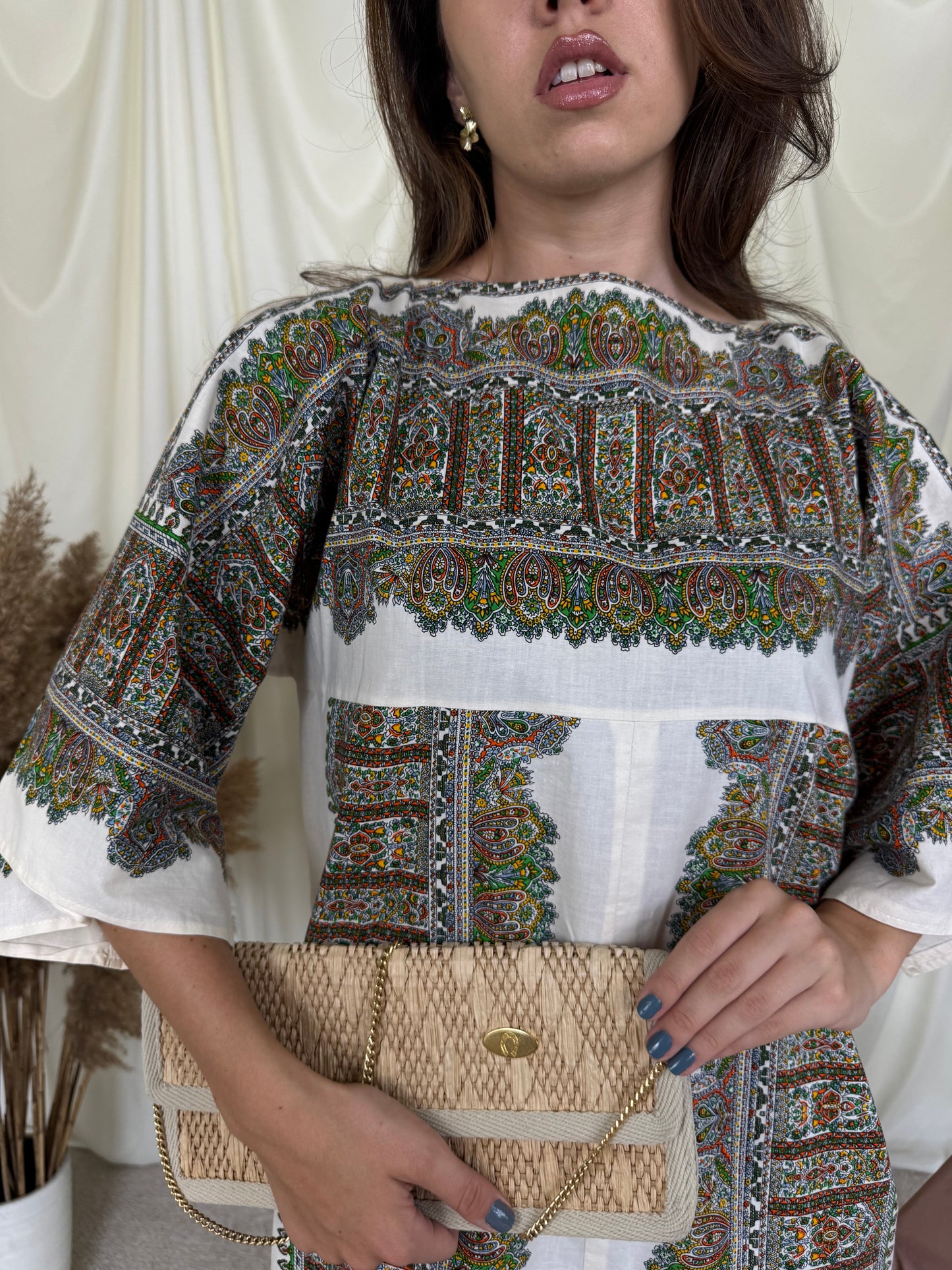 Rochie kaftan crem cu print și șliț ( mărimea S-M)