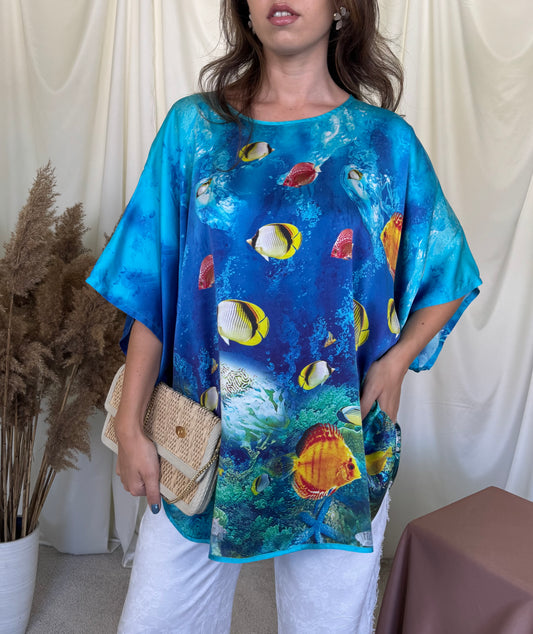 Cămașă cu print pești din 100% mătase naturală ( marimea S-XL)