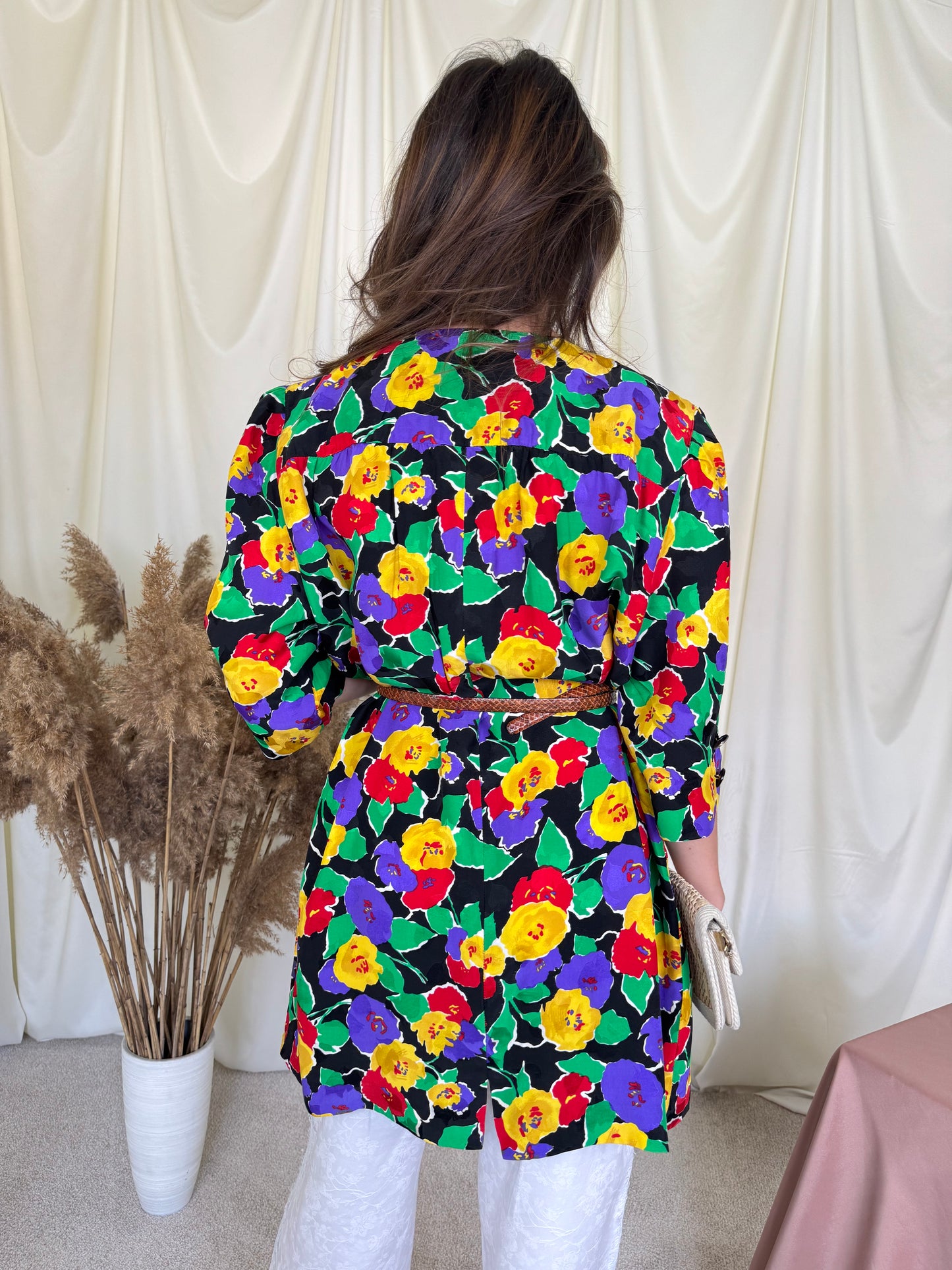 Cămașă lungă vintage cu print floral și buzunare laterale ( mărimea L-XL)