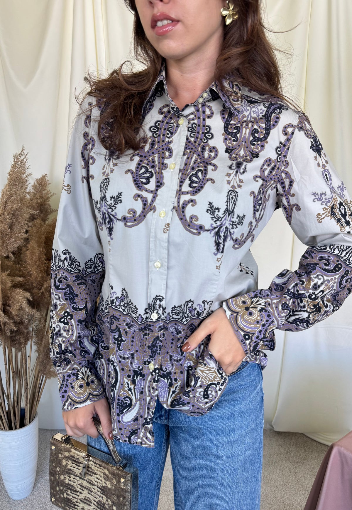 Cămașă luxury ETRO din bumbac cu nasturi inscripționați și print specific brandului ( mărimea M/L)
