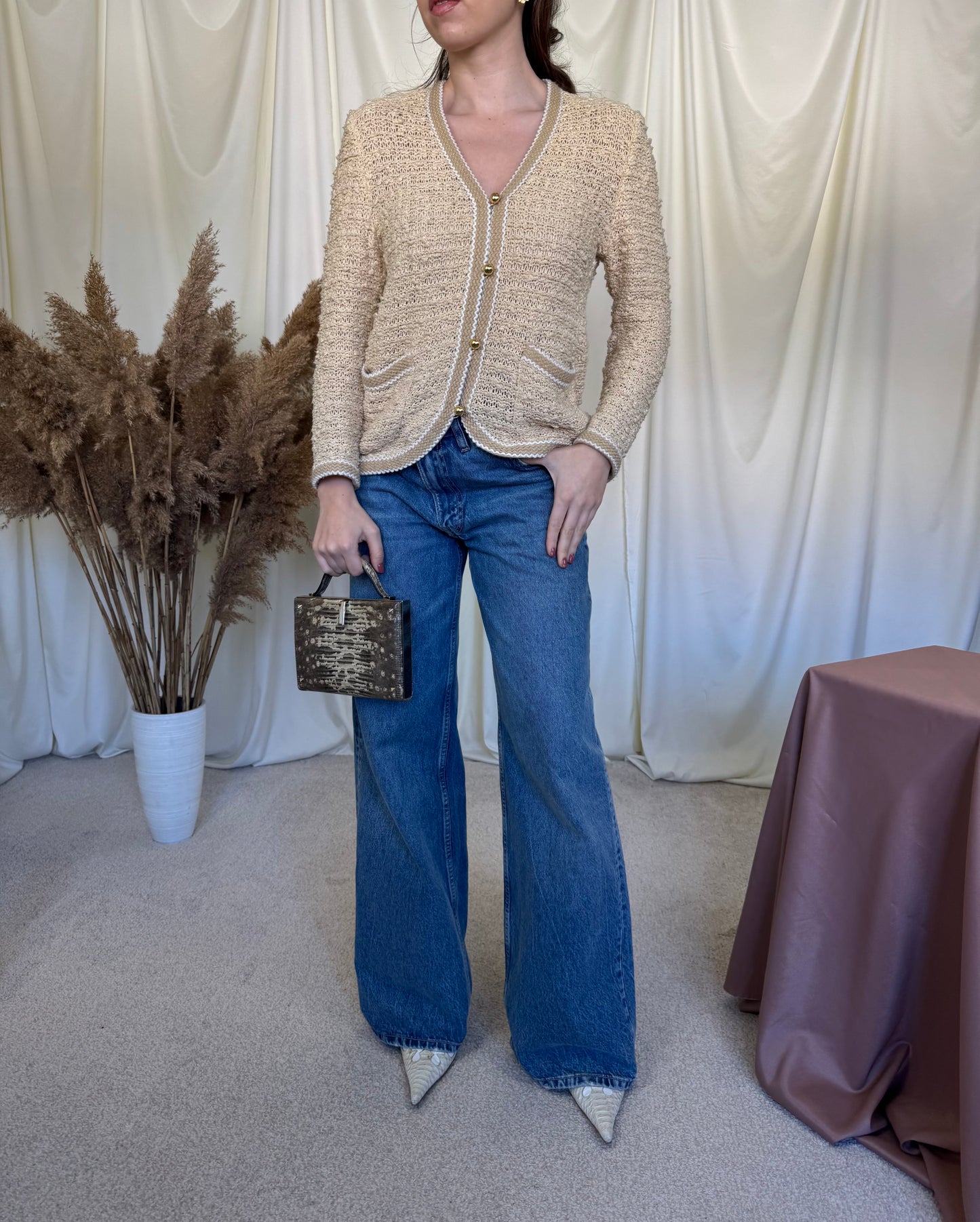 Cardigan superb vintage din bumbac și lână (mărimea S) stil chanel
