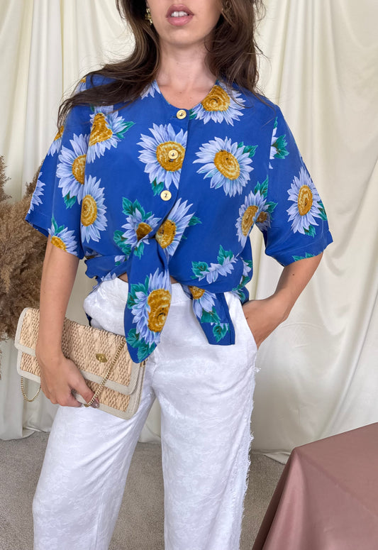 Cămașă vintage din 100% cupro cu print floral tip margarete ( mărimea L)