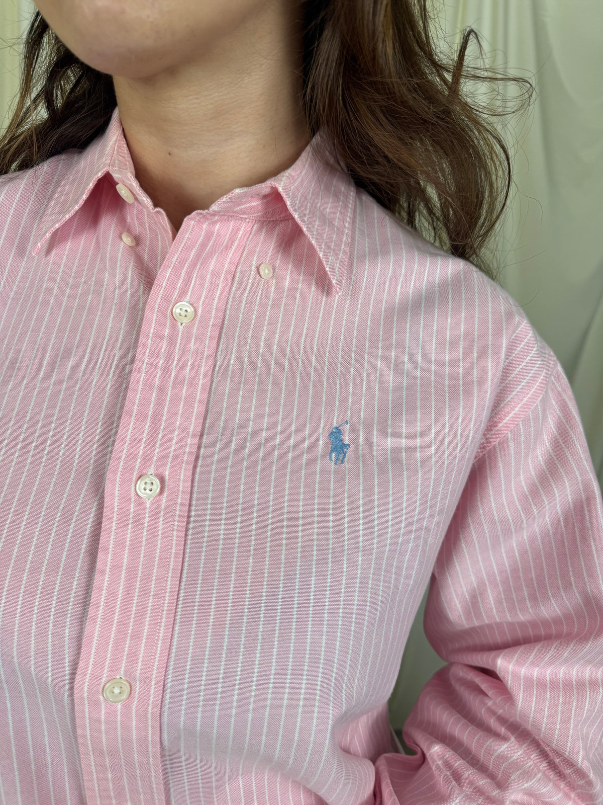 Cămașă RALPH LAUREN din 100% bumbac plin, print in dungi baby pink ( mărimea M/L)