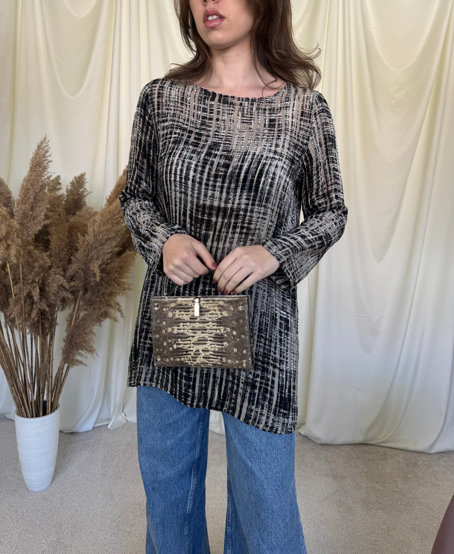 Bluza-tunică MAX MARA din vâscoză și mătase naturala cu detalii din catifea (Mărimea M)