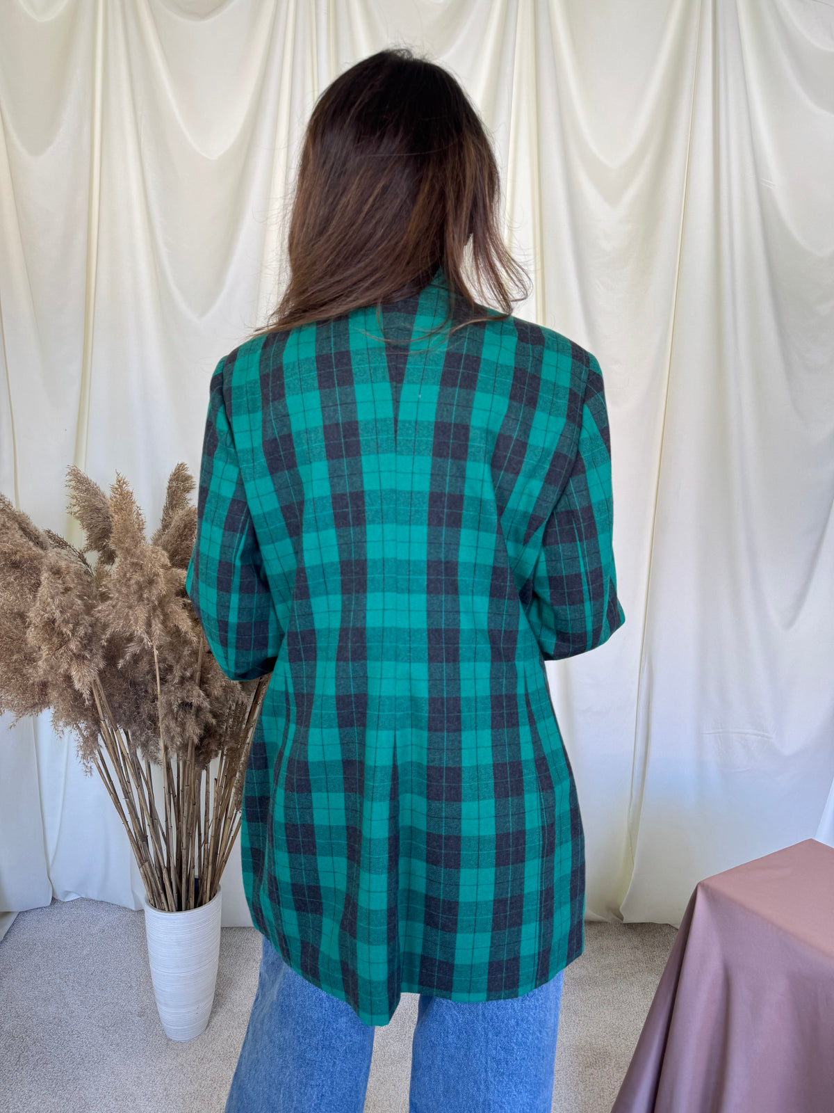 Sacou vintage din 100% lână cu print verde tartan, mai lung( mărimea L/XL)
