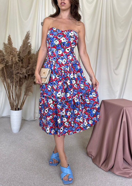 Rochie vintage cu print și corsaj, talie super marcata ( mărimea M-M/L)