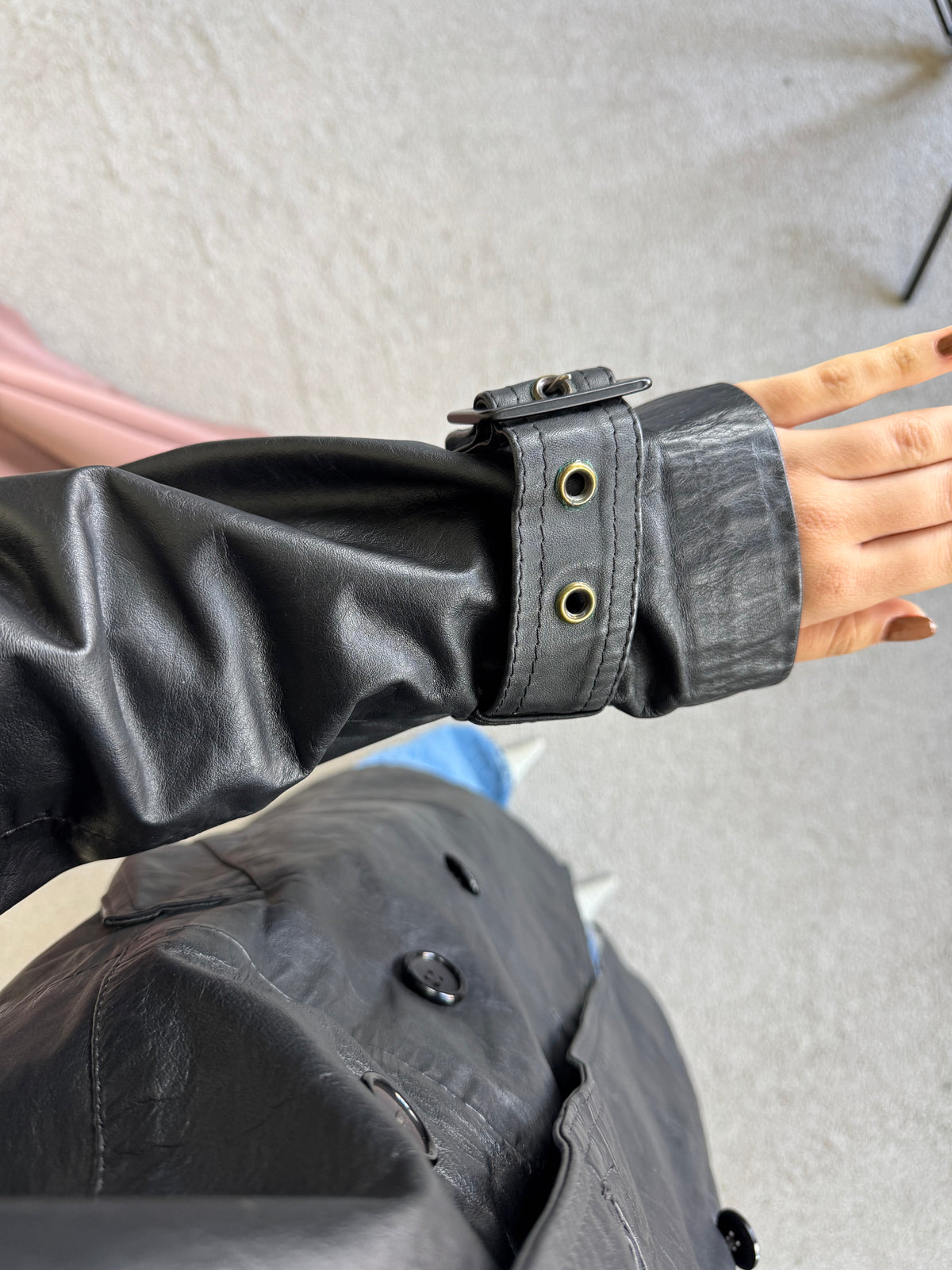 Trench vintage negru din 100% piele naturală ( mărimea M)