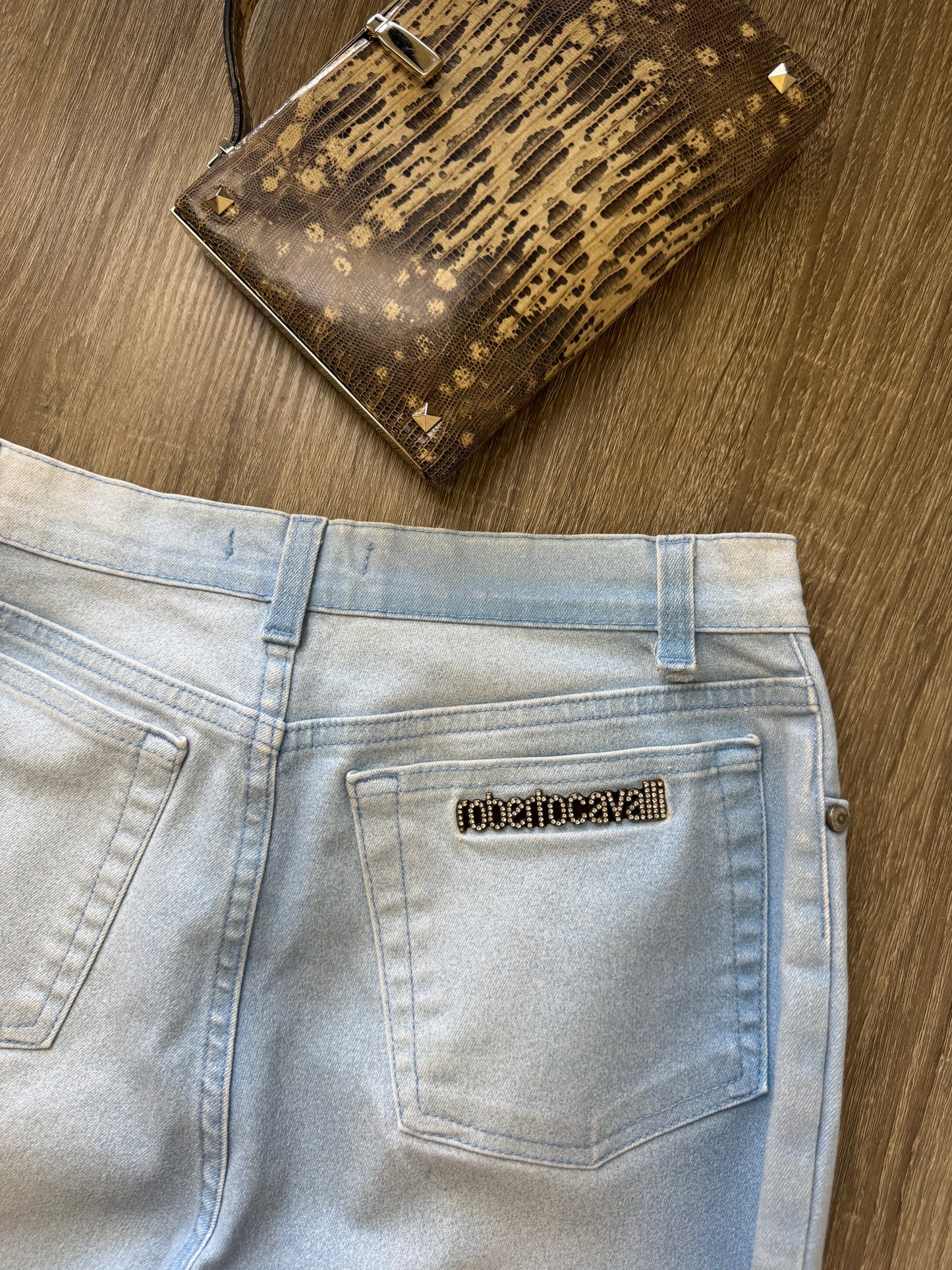 Jeans Roberto Cavalli cu print baby blue, talie medie 
(Mărimea xs/s)