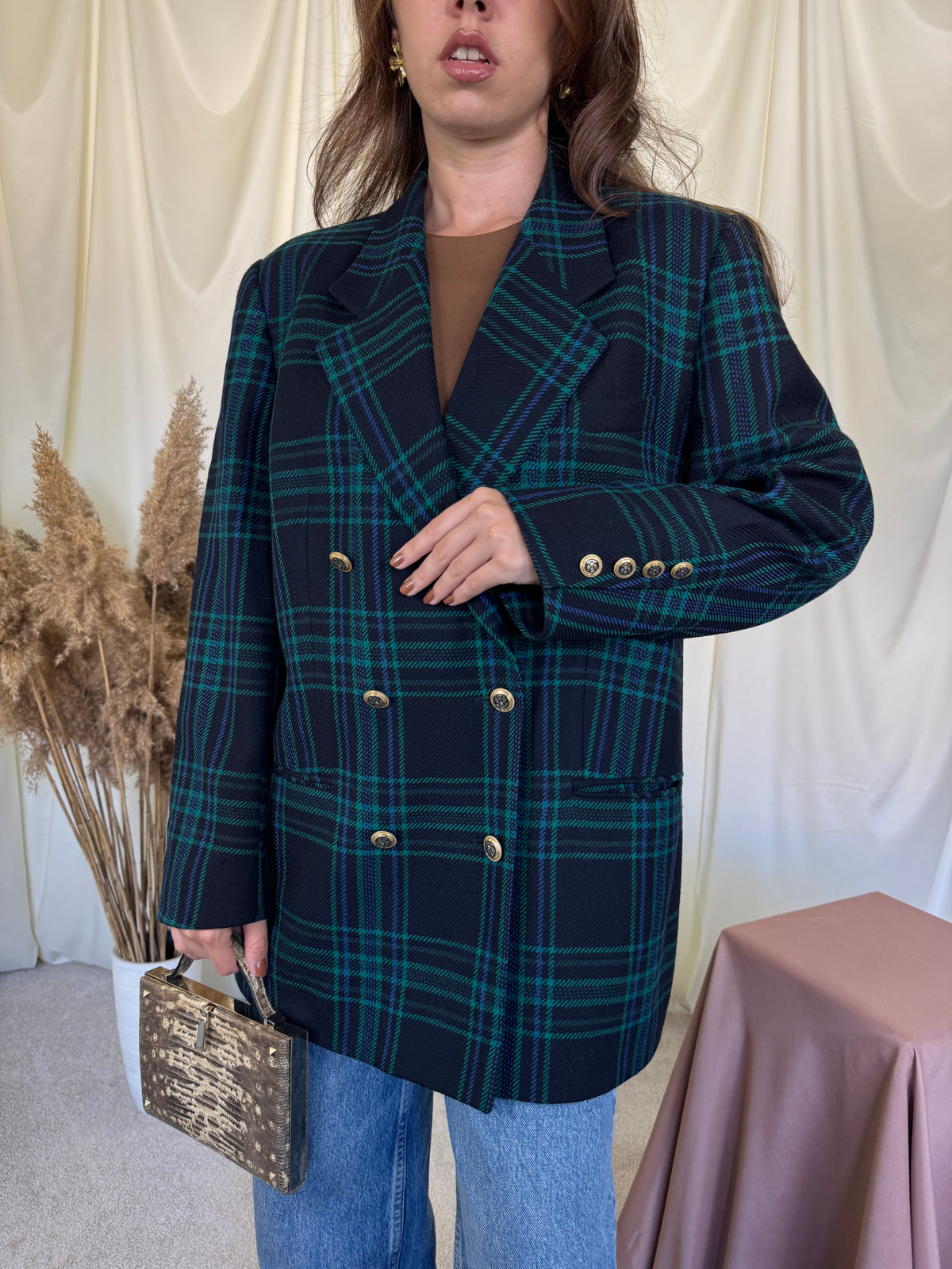 Sacou vintage DELMOD din stofă premium 100% lana cu print tartan și nasturi bijuterie ( mărimea L/XL)