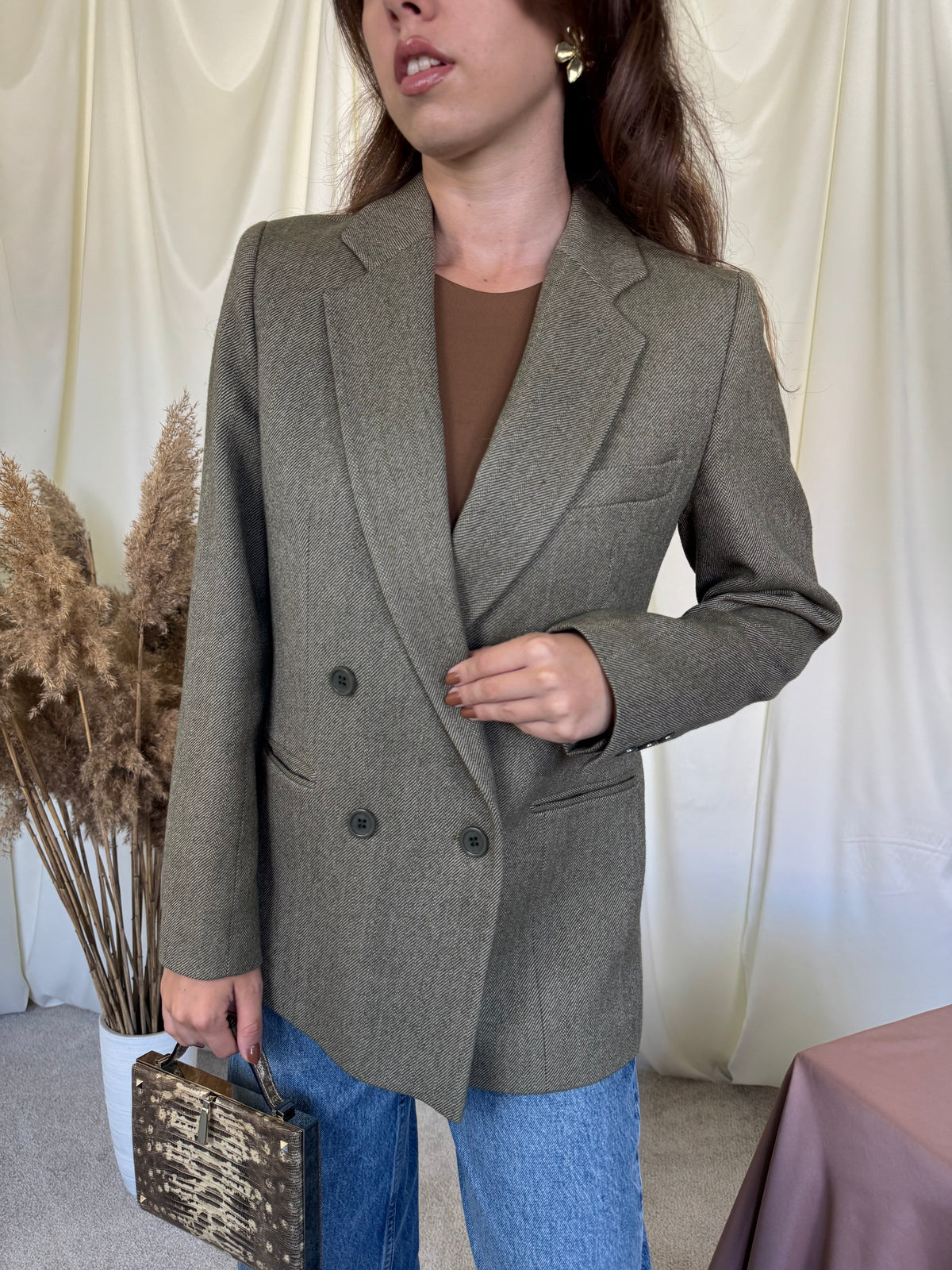 Sacou vintage verde olive din 100% lână la rând dublu de nasturi ( mărimea S/M)