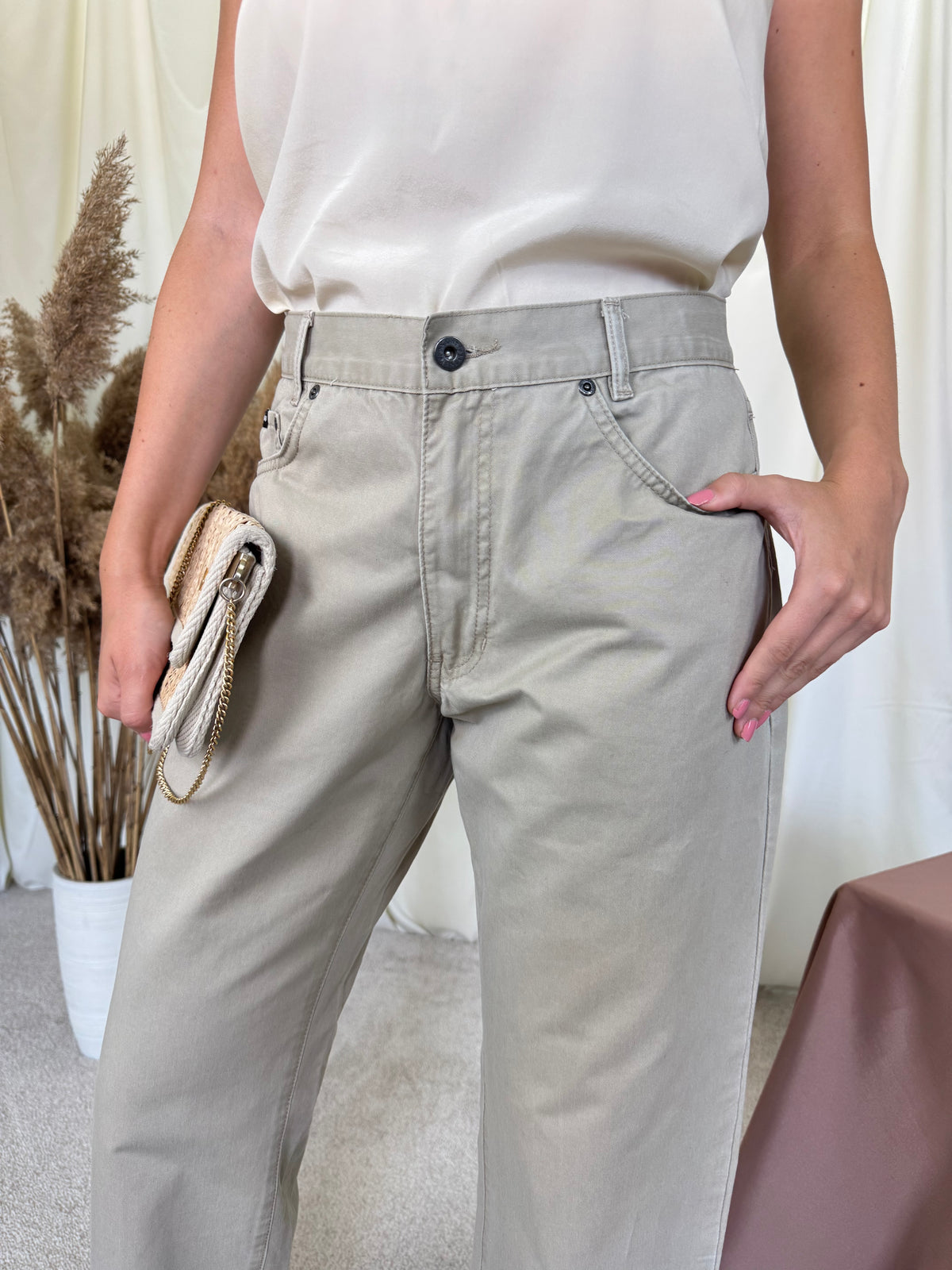 Pantalon vintage luxury Yves Saint Laurent din bumbac cu inscripție brodată ( mărimea M/L)