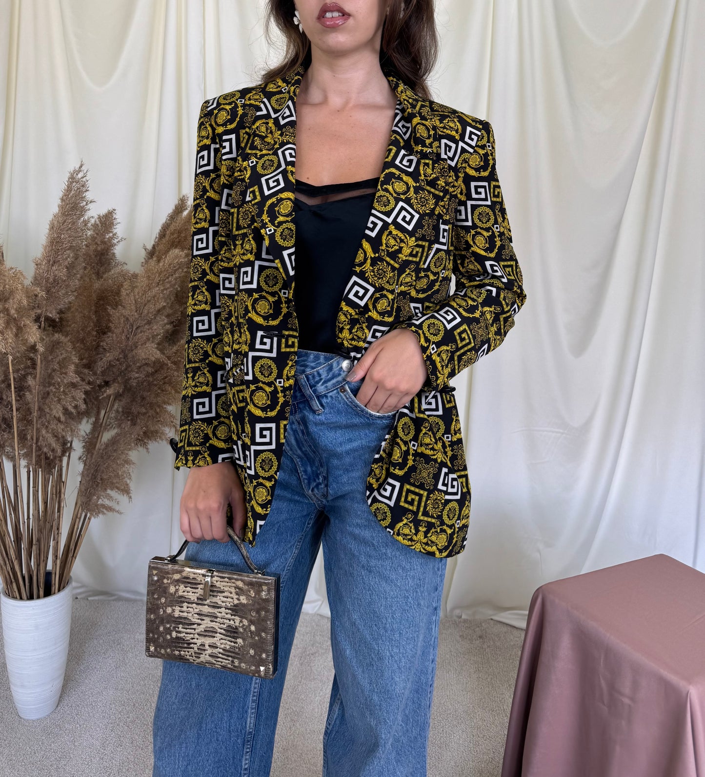 Sacou vintage din mătase naturală cu print 
(Mărimea 40/M)