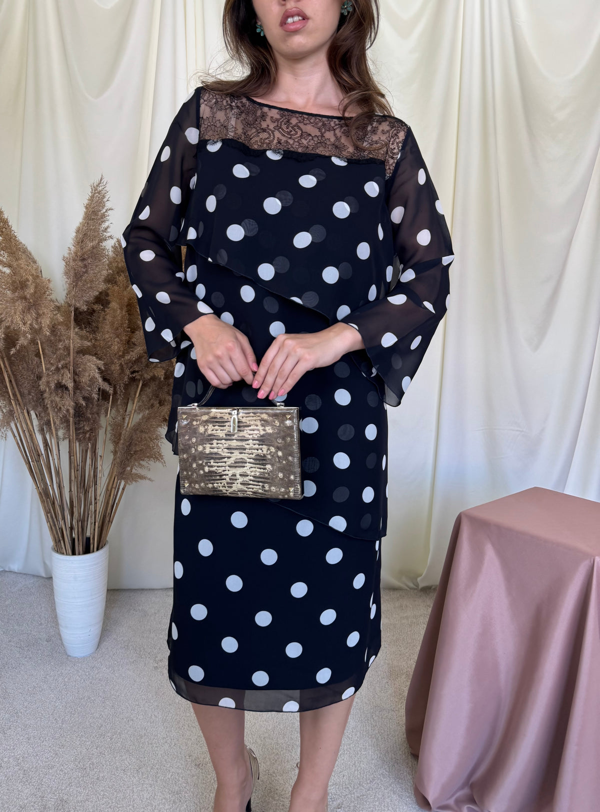 Rochie luxury spectaculoasă MARINA RINALDI din 100% mătase naturală cu print buline si detalii din dantelă ( mărimea L)
