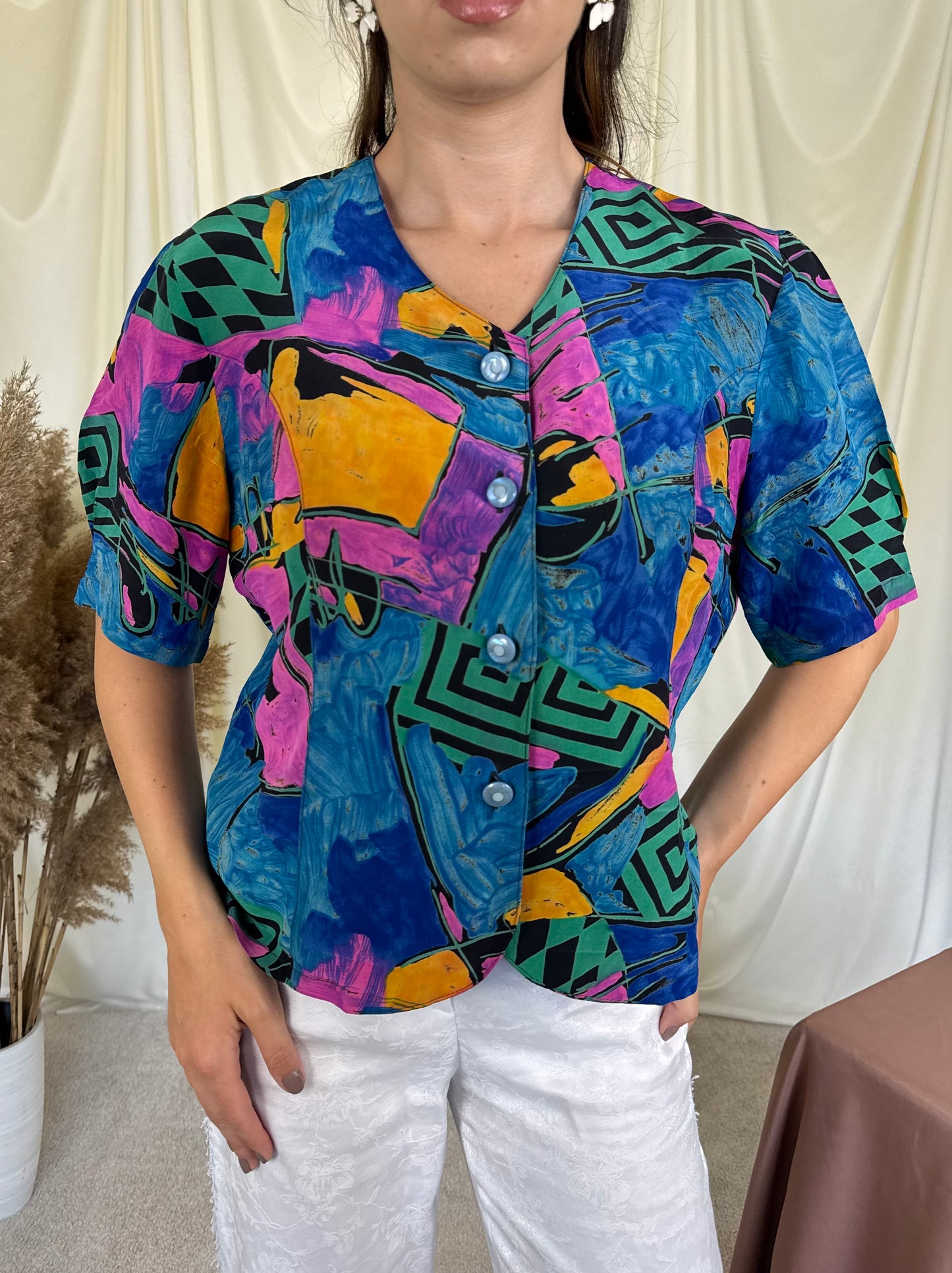 Cămașă vintage din mătase naturală cu print (Mărimea M/L)