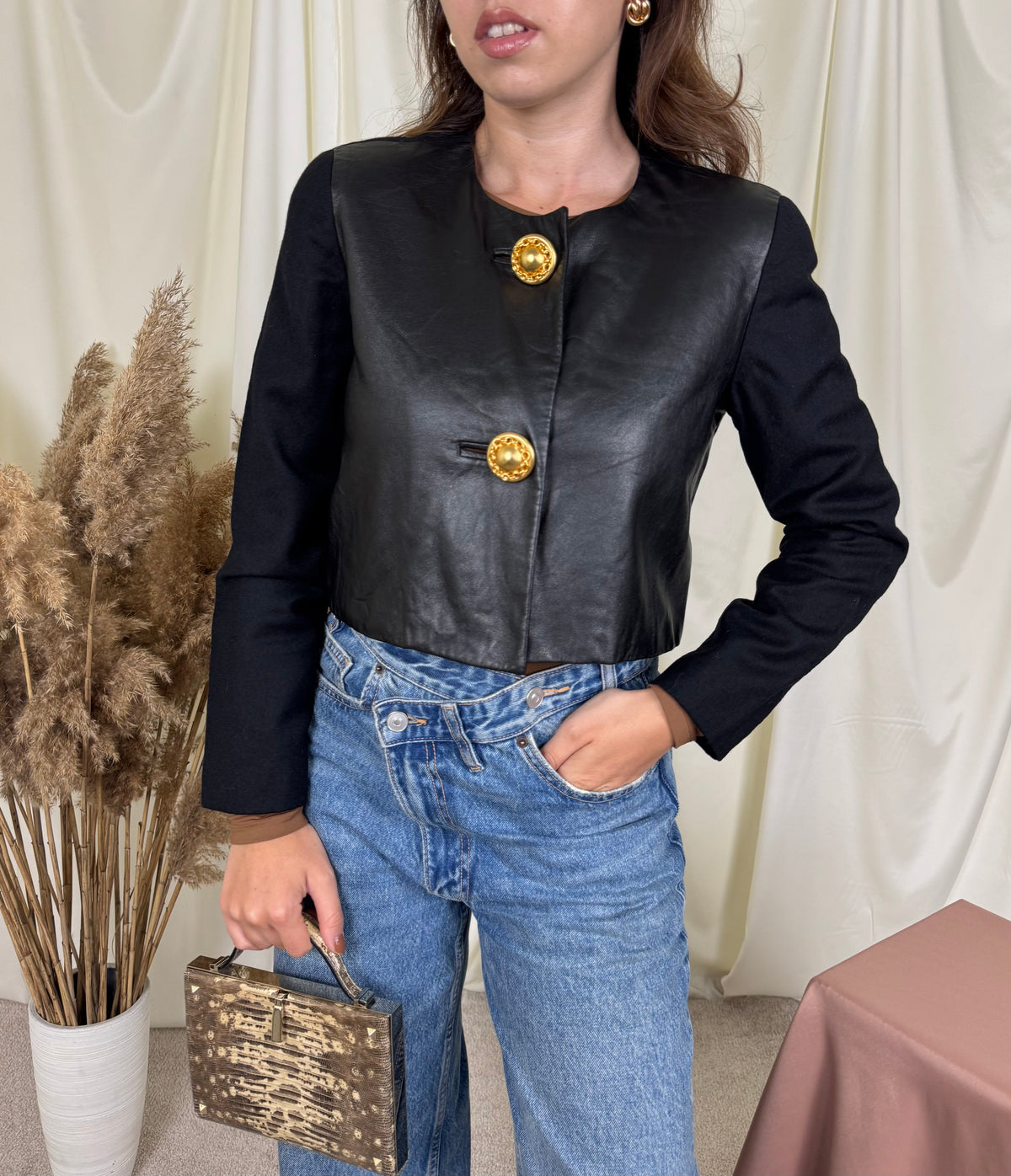 Jacheta premium Grazia Bagnaresi din piele naturală și lână, nasturi spectaculoși aurii ( mărimea S-S/M)