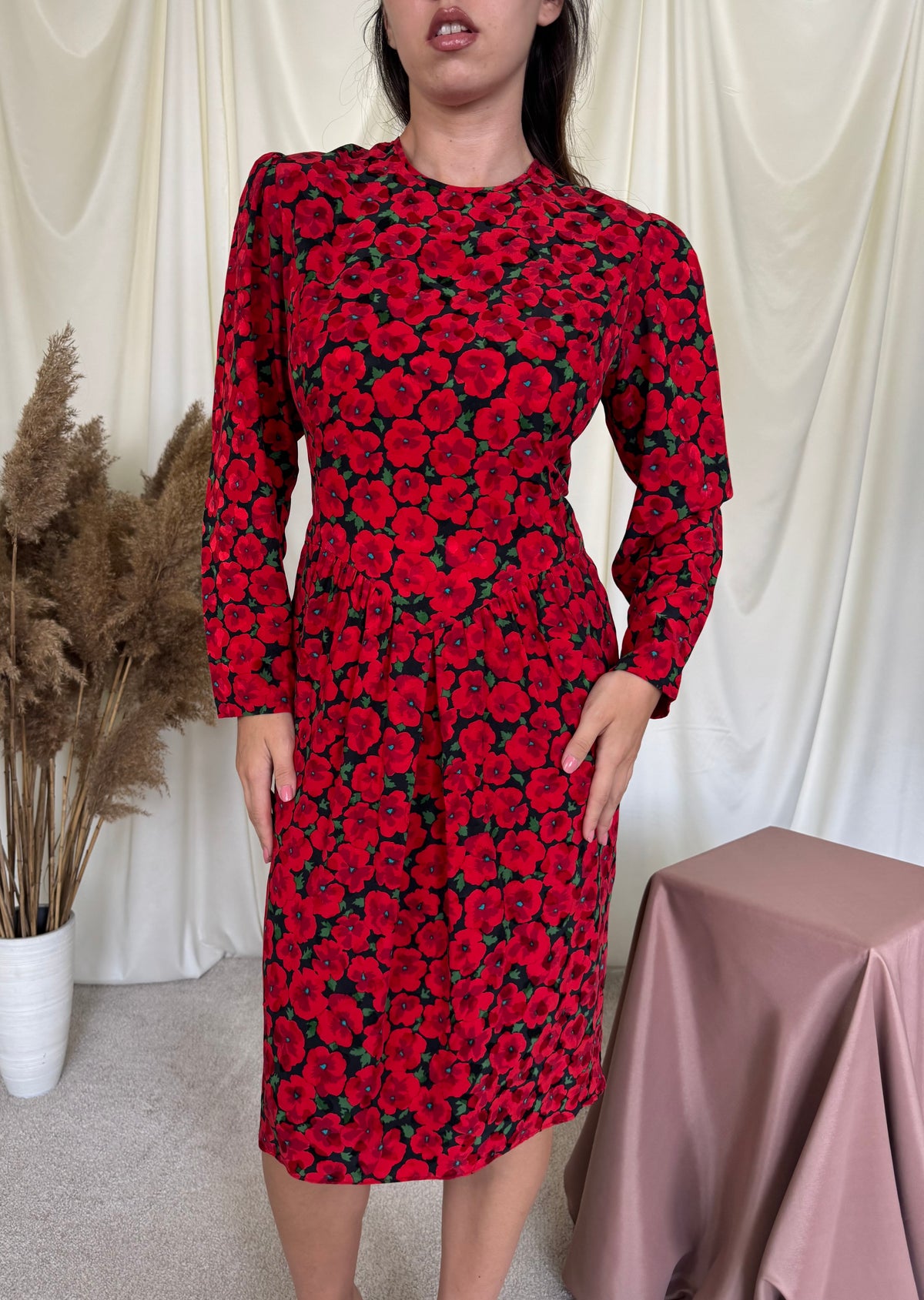 Rochie vintage din 100% mătase naturală cu print ( mărimea XS/S)