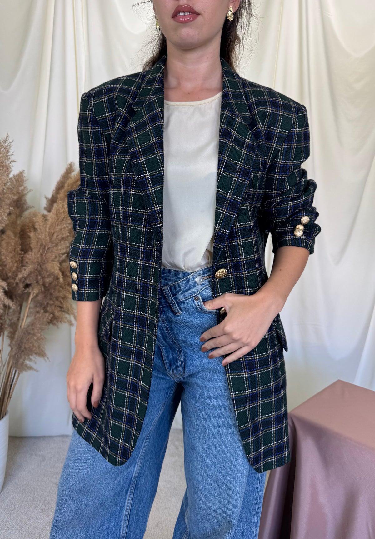 Sacou vintage din stofă cu print 100% lana și nasturi bijuterie ( mărimea L/XL)