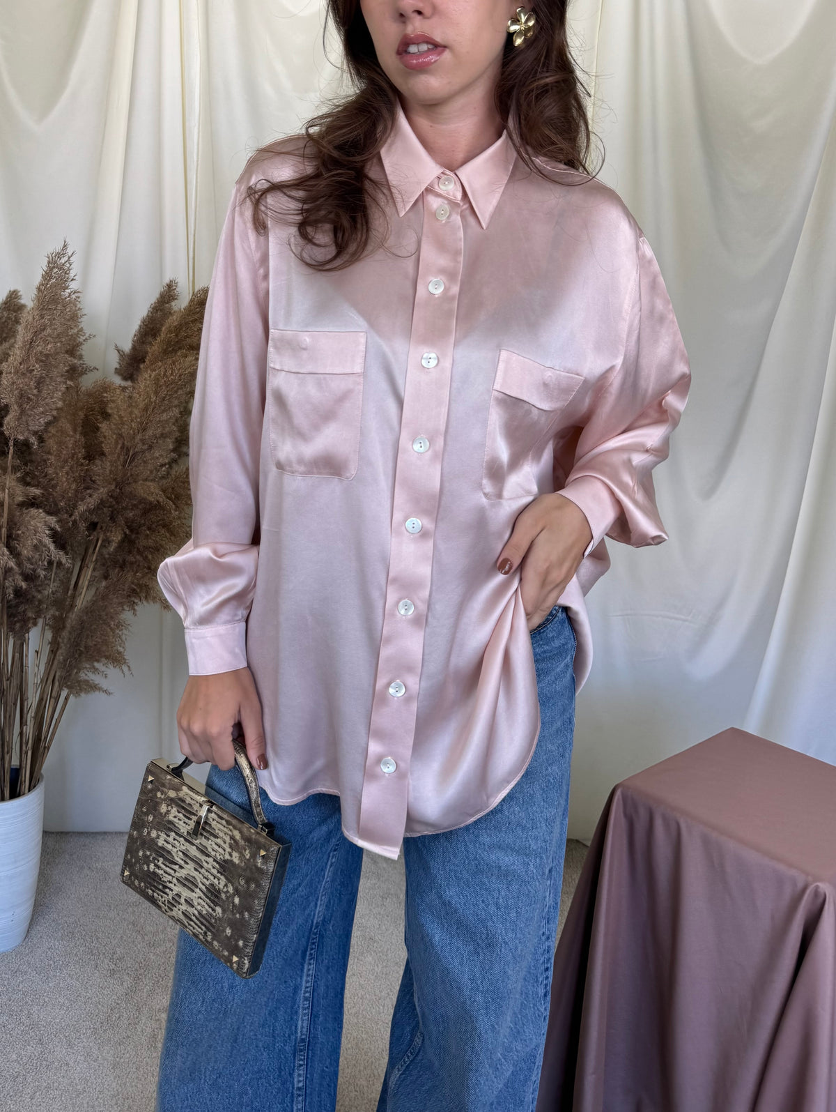 Cămașă vintage BASLER din 100% mătase naturala, baby pink ( mărimea XL)