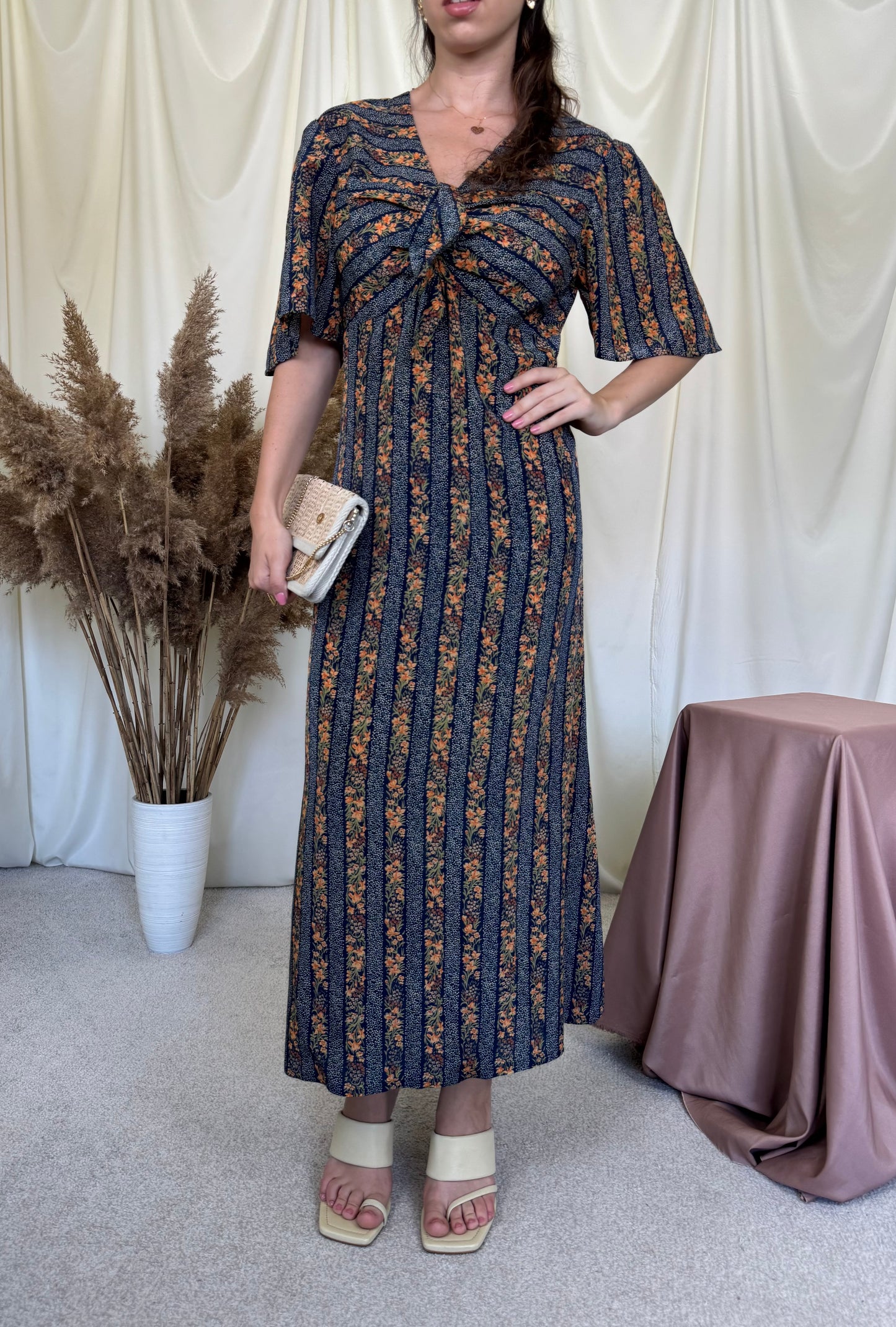 Rochie vintage din 100% matase naturala cu print, produs unicat ( mărimea M/L)