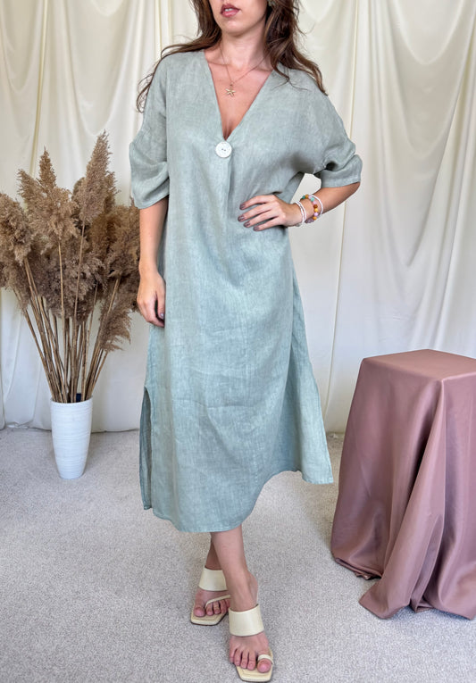 Rochie din in verde cu nasture perla în croi amplu și fluid ( mărimea S-XL)