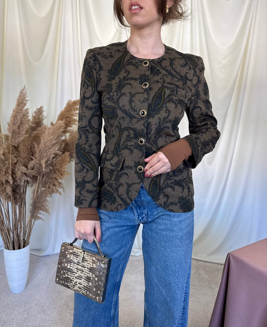 Sacou vintage superb cu nasturi tip bijuterie, stofă super fină cu print, talie marcata 
(Mărimea S)