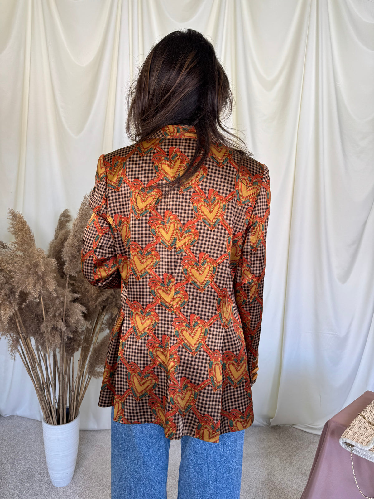 Sacou -jachetă vintage premium RENZO din 100% mătase cu print superb și nasturi masivi ( mărimea L)