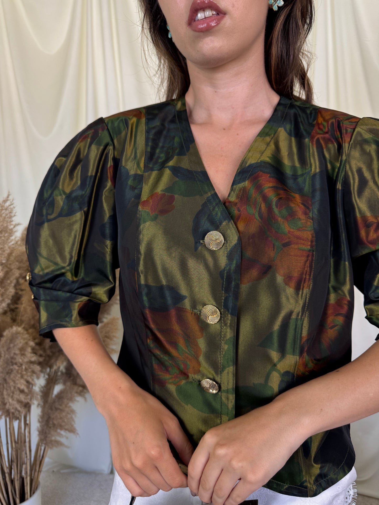 Sacou vintage din acetat cu print și nasturi metalici (Mărimea M/L)
