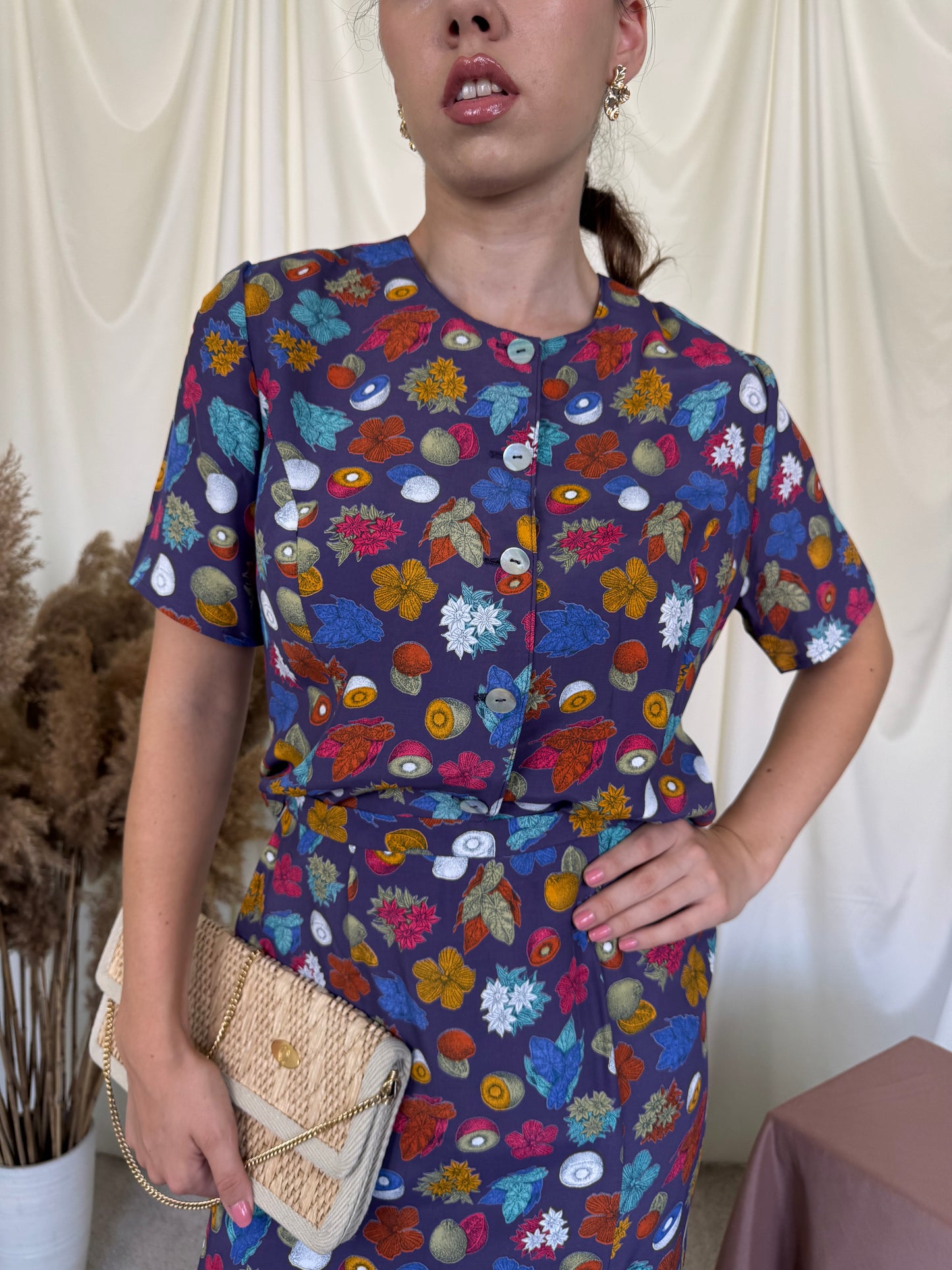 Set vintage cu print fructe, cămașă + fusta ( mărimea M)