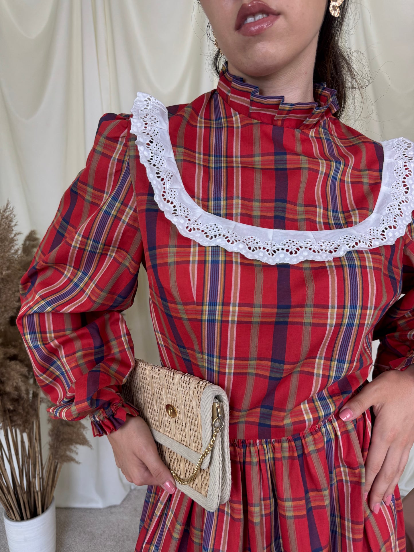Rochie vintage din bumbac roșu cu print, model unicat- realizat custom made( mărimea L/XL)