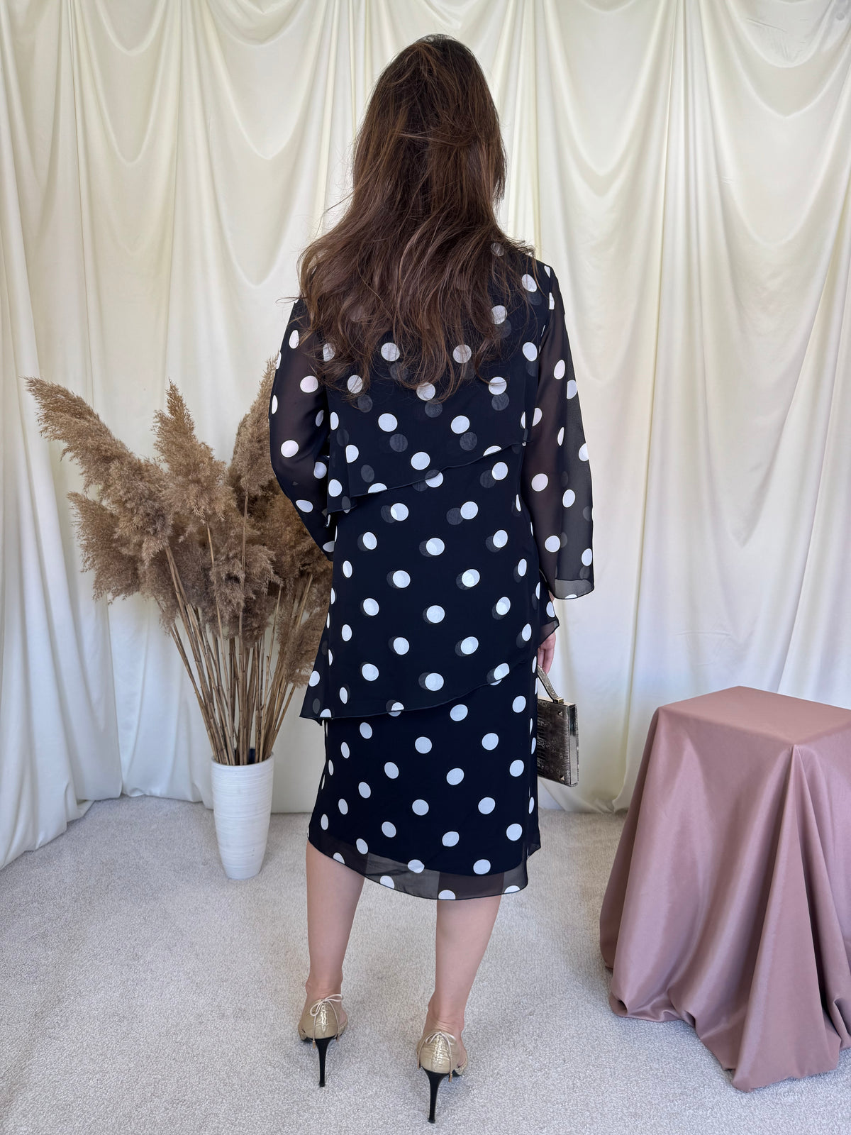 Rochie luxury spectaculoasă MARINA RINALDI din 100% mătase naturală cu print buline si detalii din dantelă ( mărimea L)