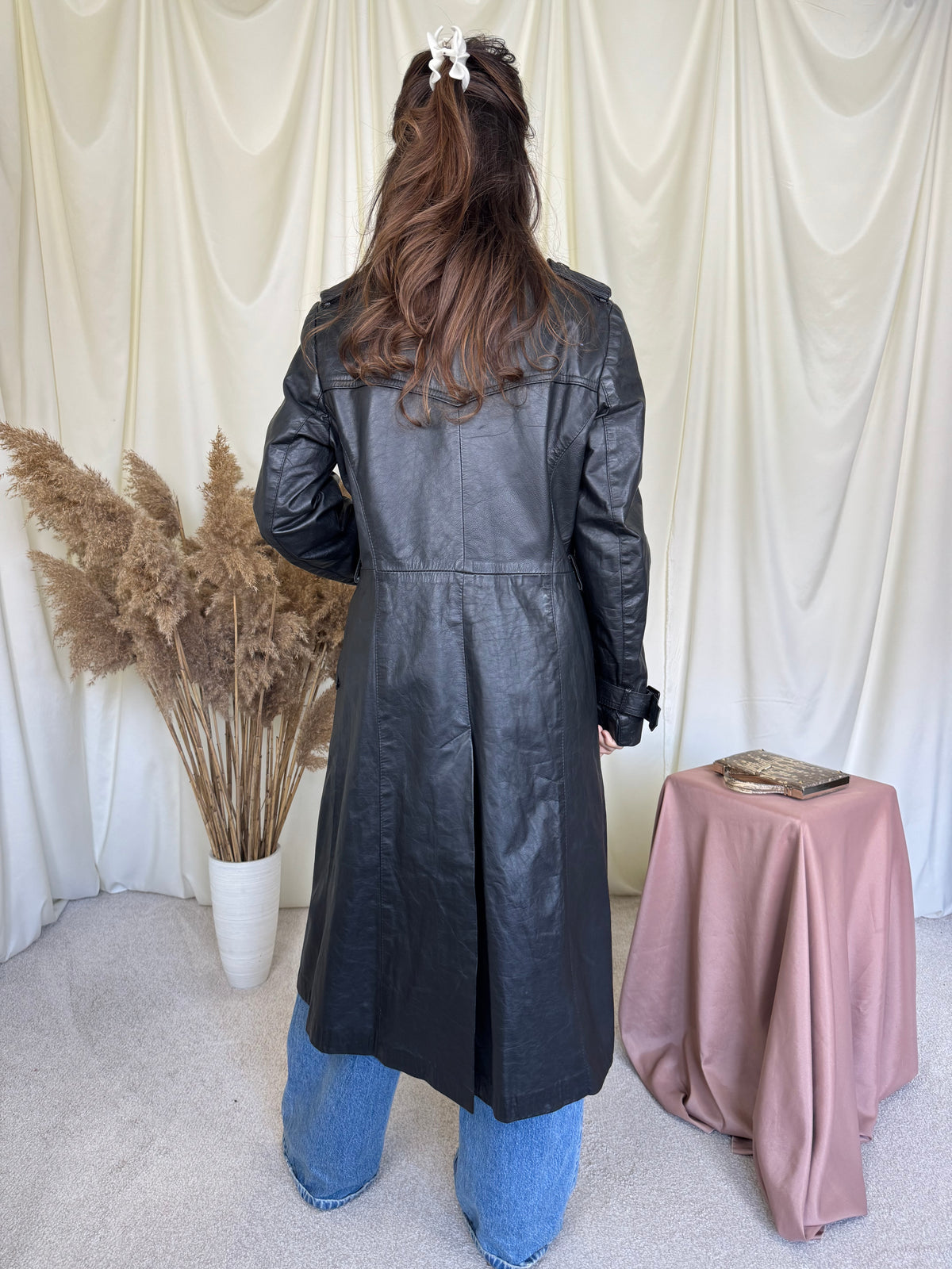 Trench vintage negru din 100% piele naturală ( mărimea M)