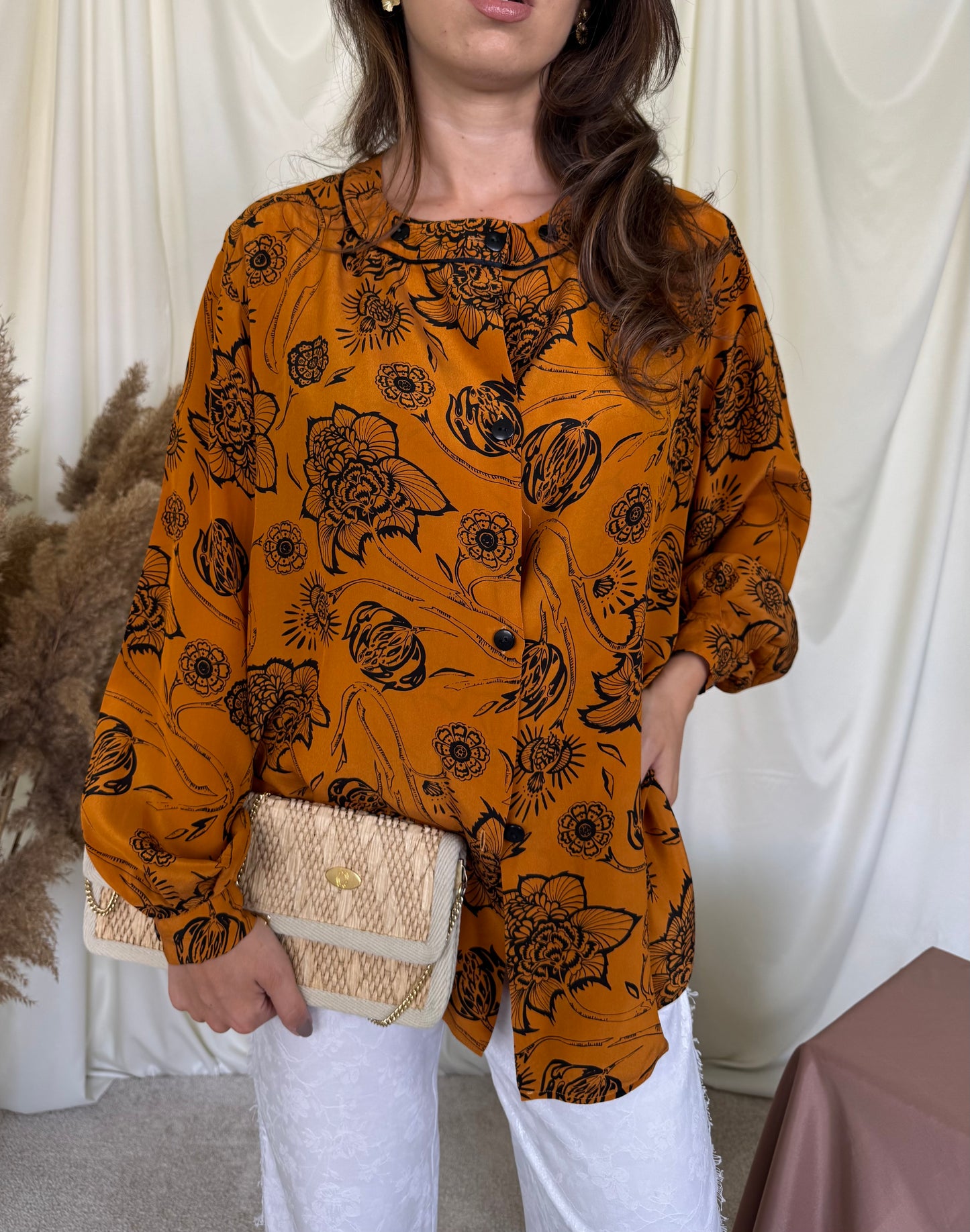 Cămașă vintage din mătase și acetat cu print superb ( mărimea L-XL)