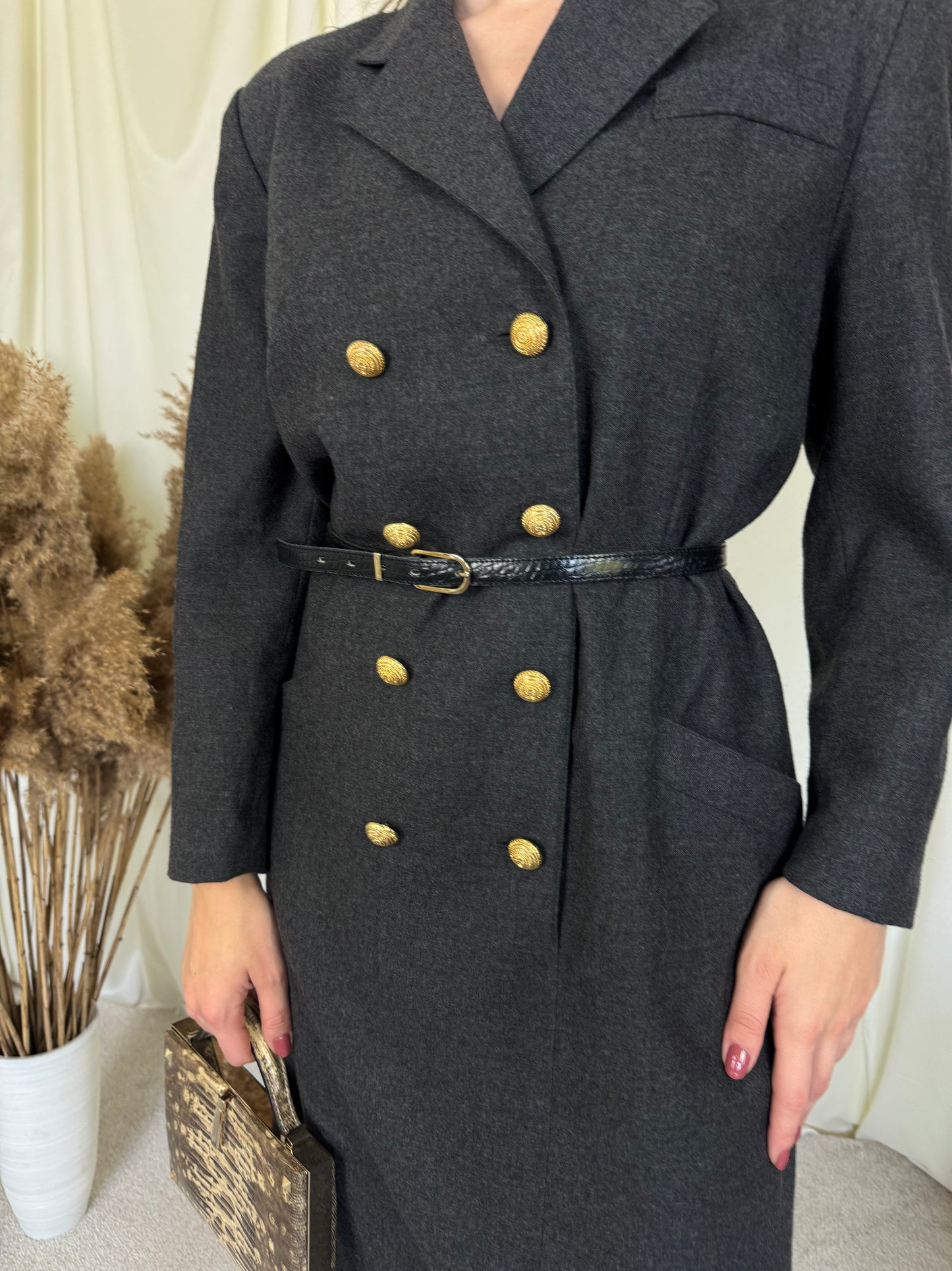 Rochie din stofă de lână, nasturi aurii metalici, Mărimea L