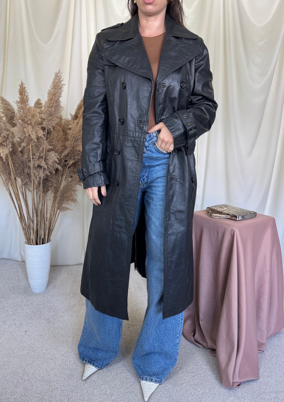 Trench vintage negru din 100% piele naturală ( mărimea M)