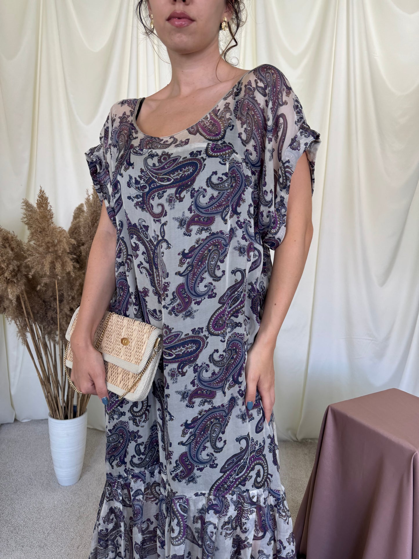 Rochie de vară din 100% mătase naturală cu print floral și lungime maxi ( mărimea L-XL)