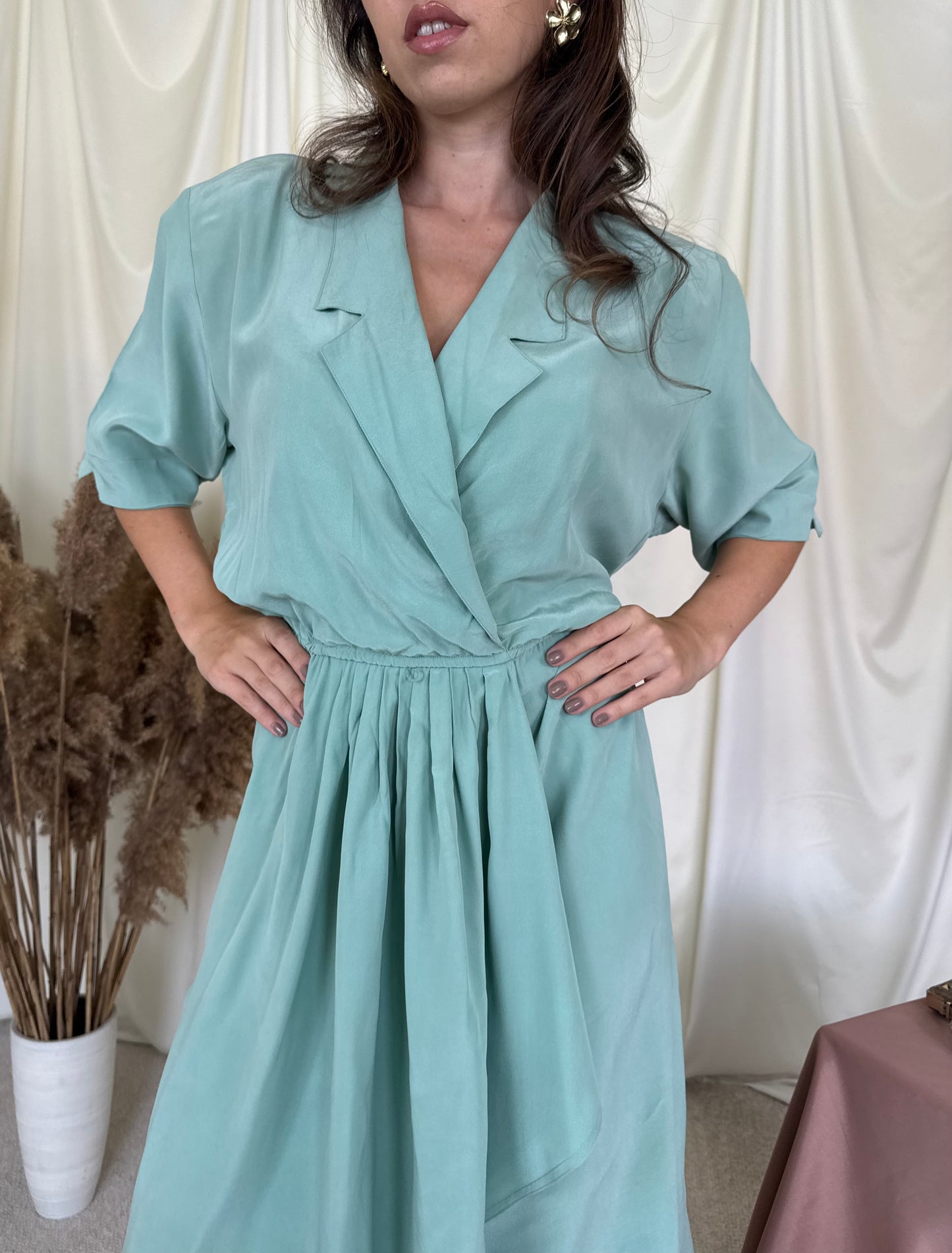Rochie vintage din 100% mătase naturala cu talie elastică ( mărimea L/XL)