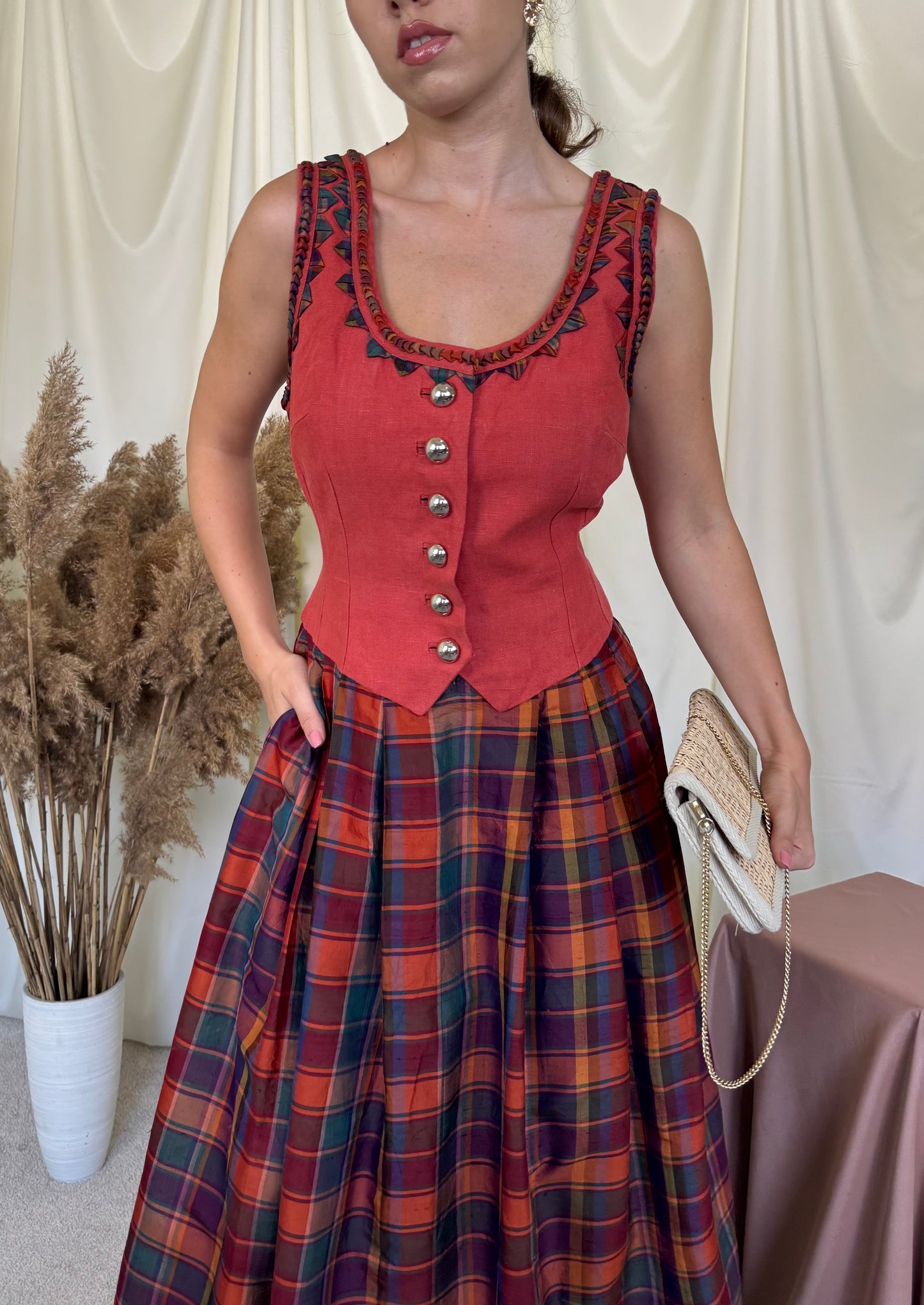 Rochie vintage din in si mătase naturala cu print ( mărimea M)-78 talie