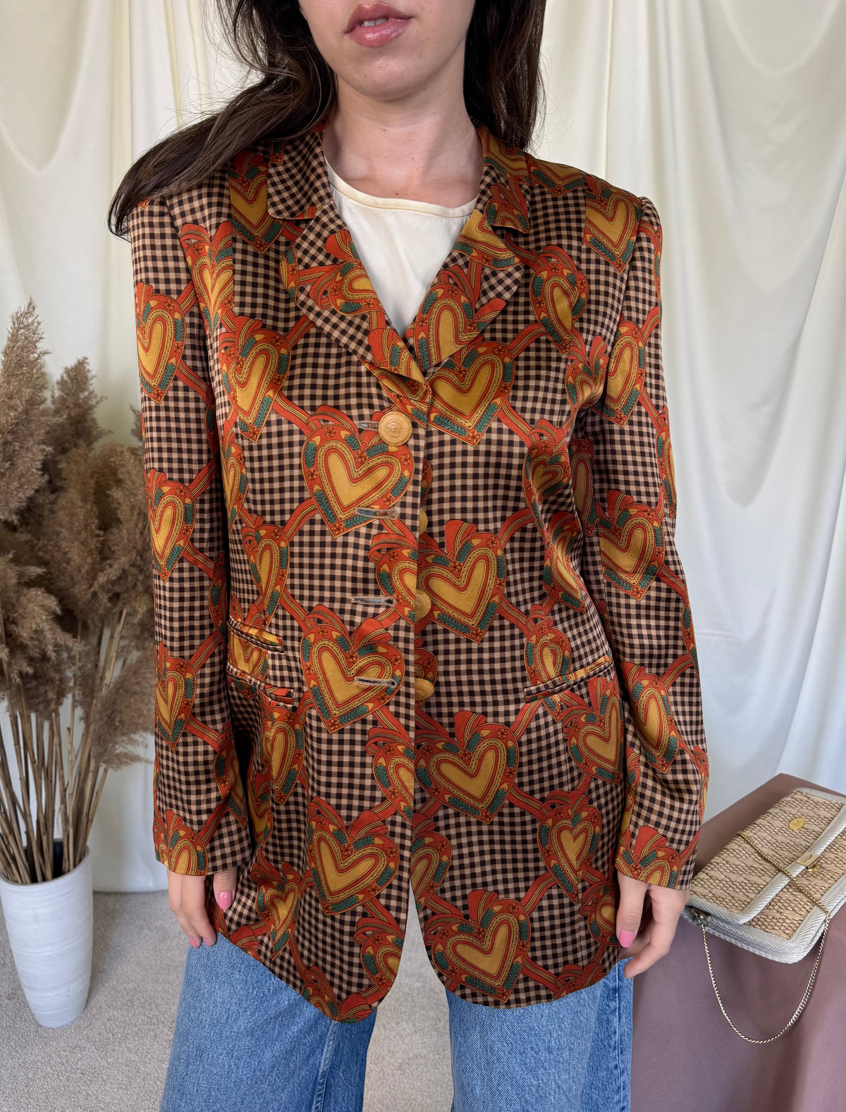 Sacou -jachetă vintage premium RENZO din 100% mătase cu print superb și nasturi masivi ( mărimea L)
