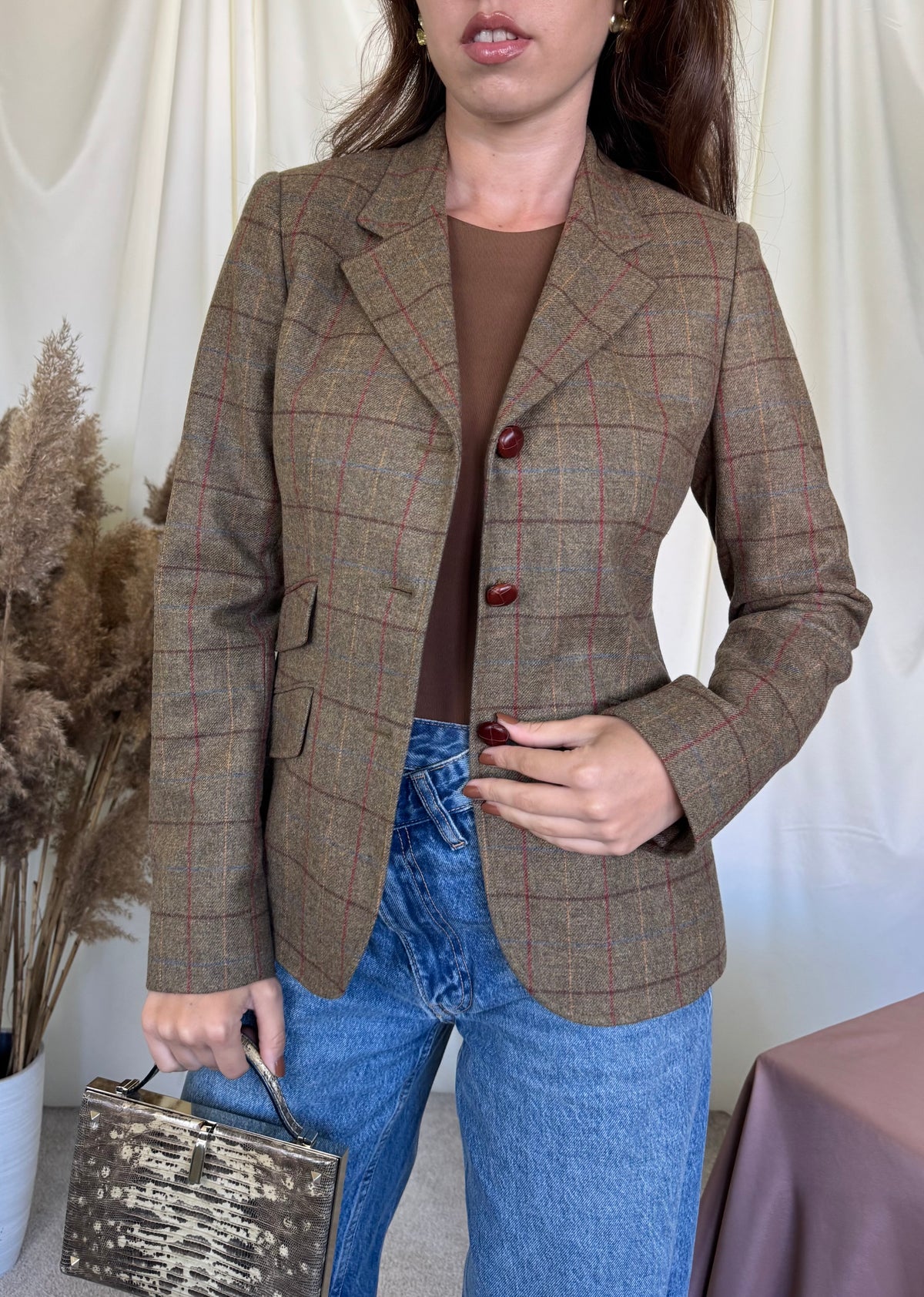 Sacou vintage cu print din lână și cașmir, talie cambrata, condiție excelentă ( mărimea XS/S)