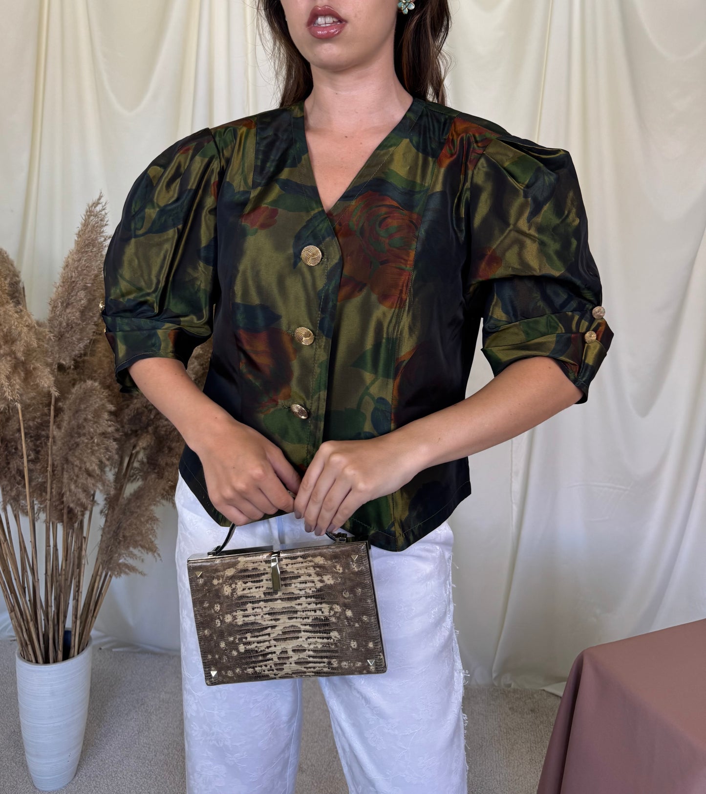 Sacou vintage din acetat cu print și nasturi metalici (Mărimea M/L)