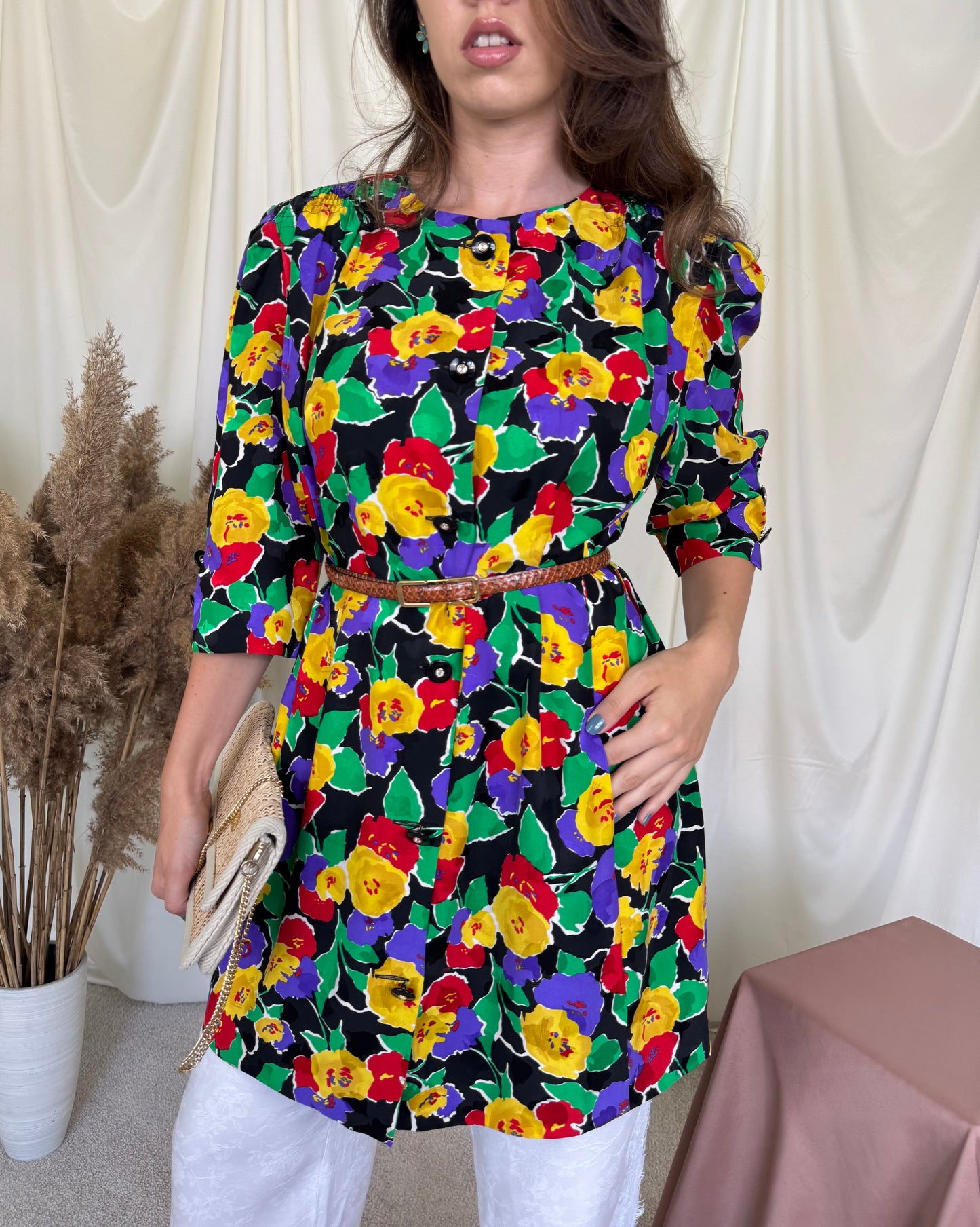 Cămașă lungă vintage cu print floral și buzunare laterale ( mărimea L-XL)