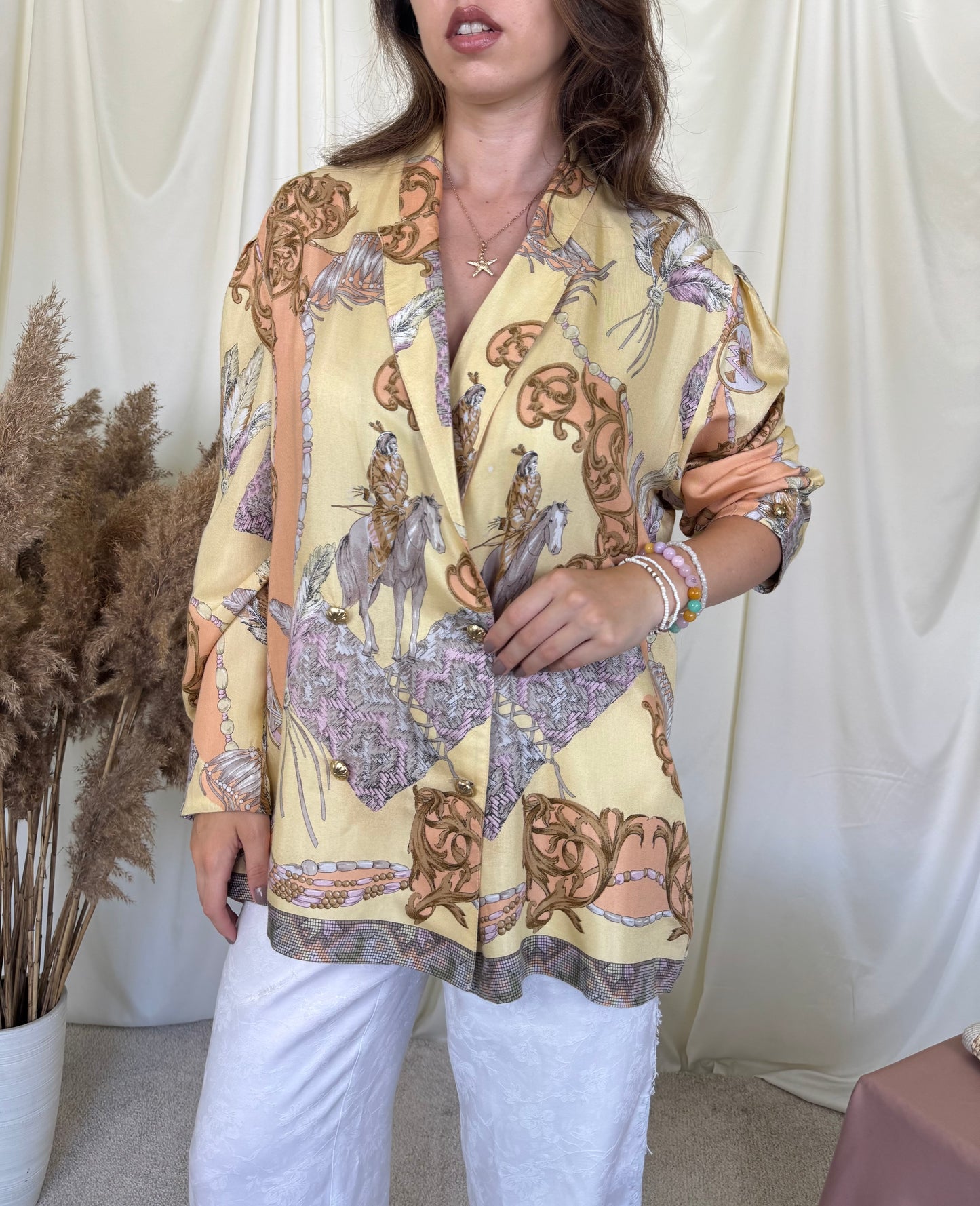 Sacou - cămașă vintage cu print ecvestru și nasturi aurii( mărimea XL)