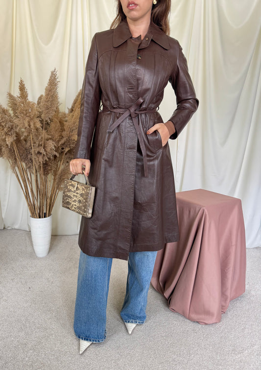 Trench vintage din 100% piele naturală cu cordon pentru ajustarea taliei ( mărimea S)