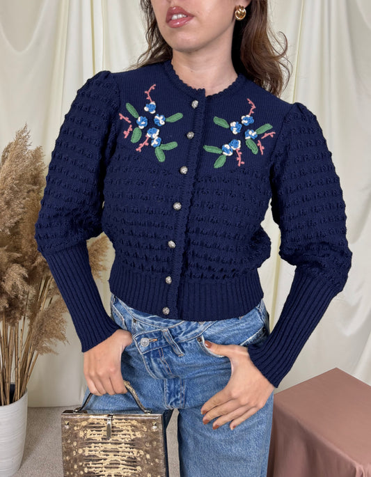 Back! Cardigan vintage bleo, broderii florale multicolore din 100% lână  ( mărimea S- S/M)