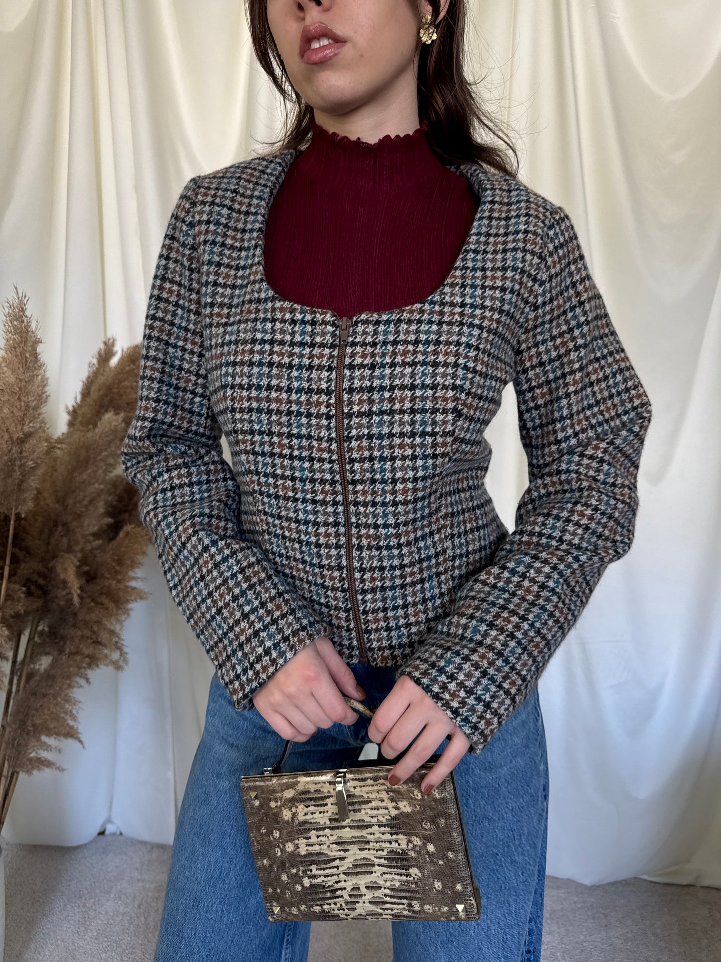 Sacou vintage- jacheta din stofă moale, închidere cu fermoar ( M/L)