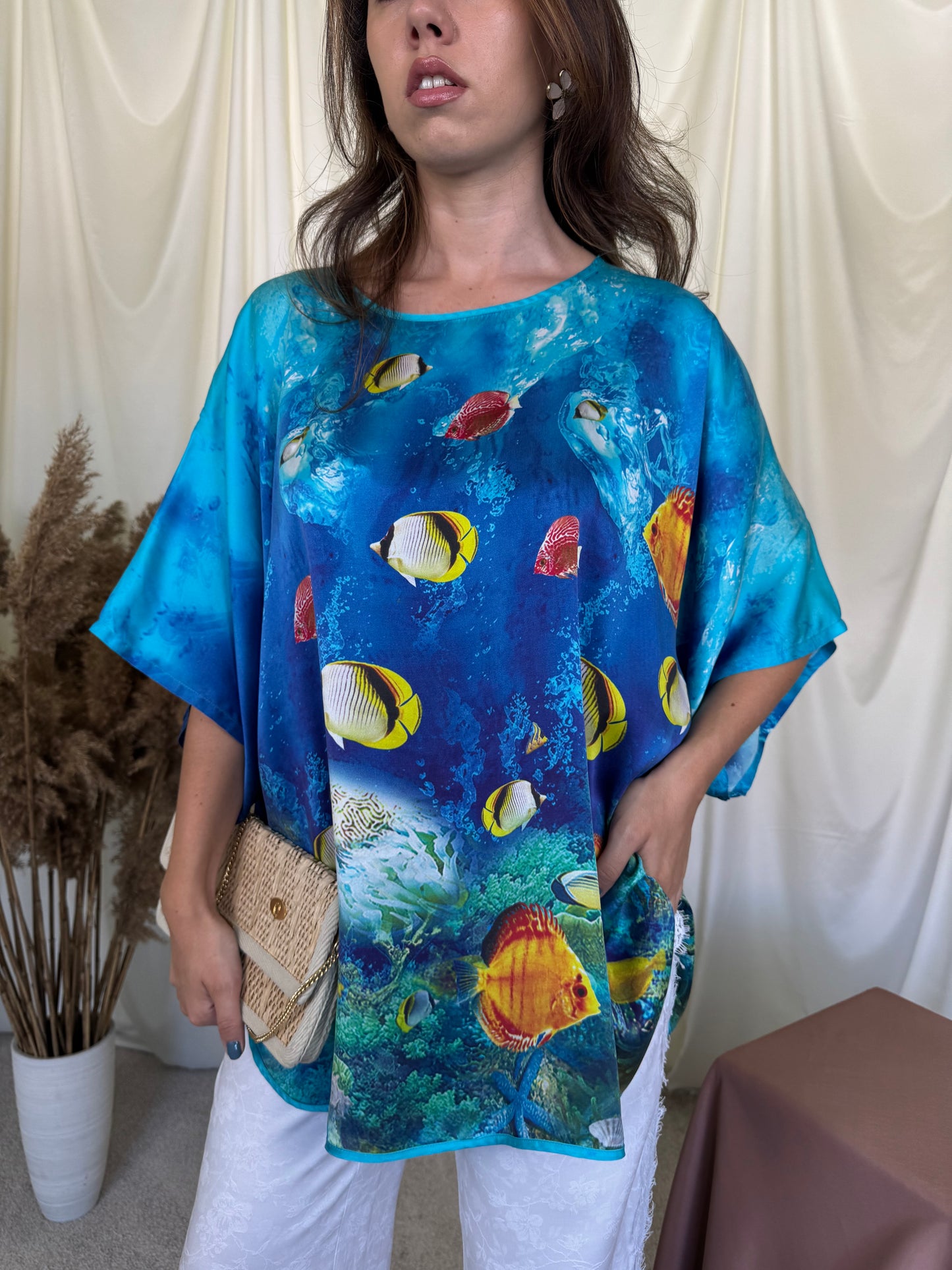 Cămașă cu print pești din 100% mătase naturală ( marimea S-XL)
