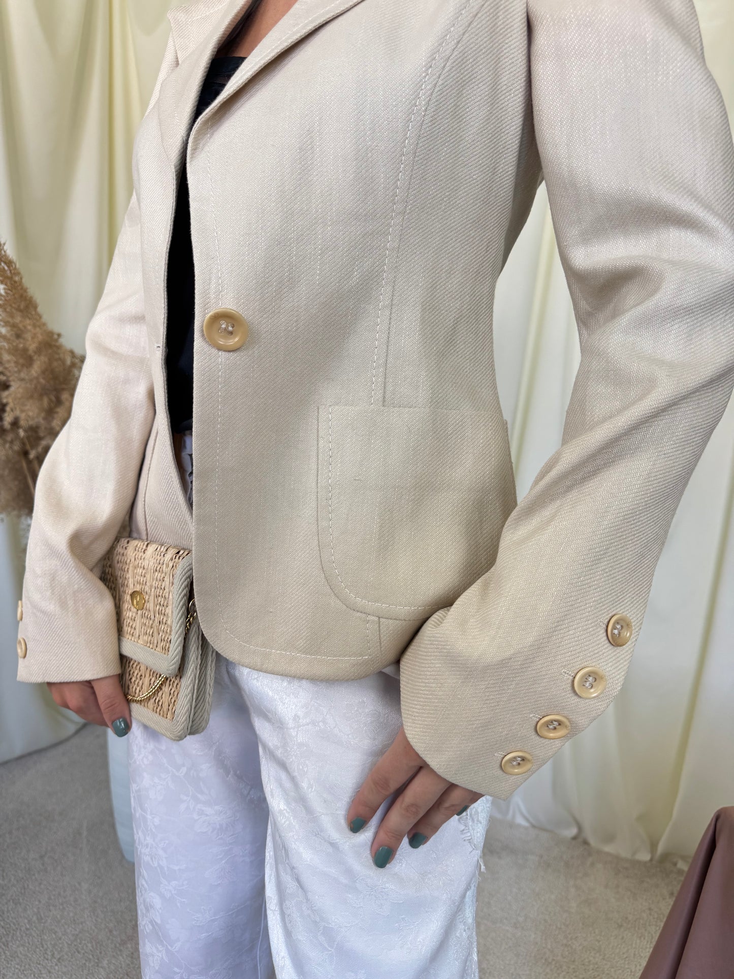 Sacou luxury VALENTINO de vară din cânepă, in și bumbac cu nasturi inscripționați ( mărimea S)