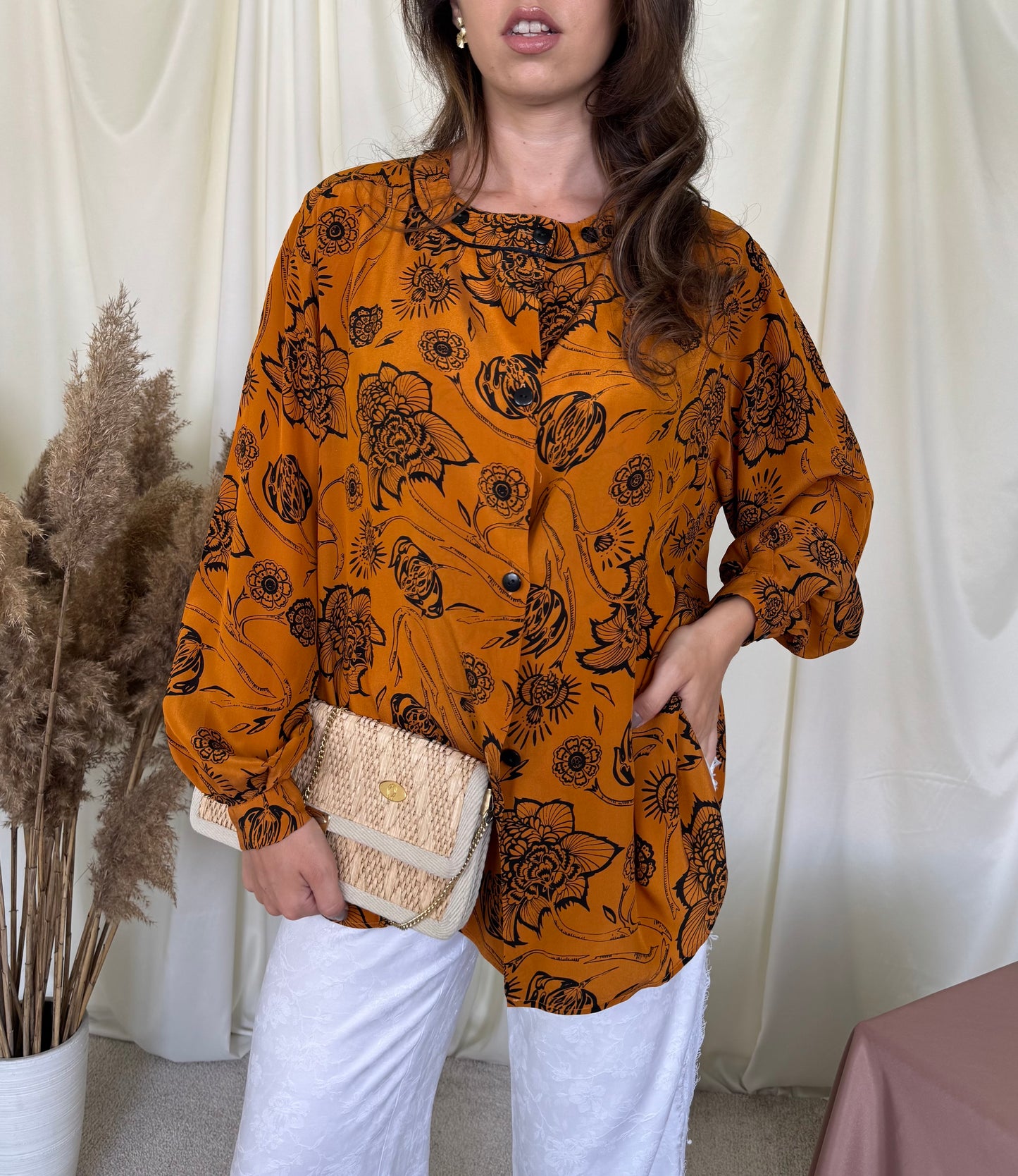 Cămașă vintage din mătase și acetat cu print superb ( mărimea L-XL)