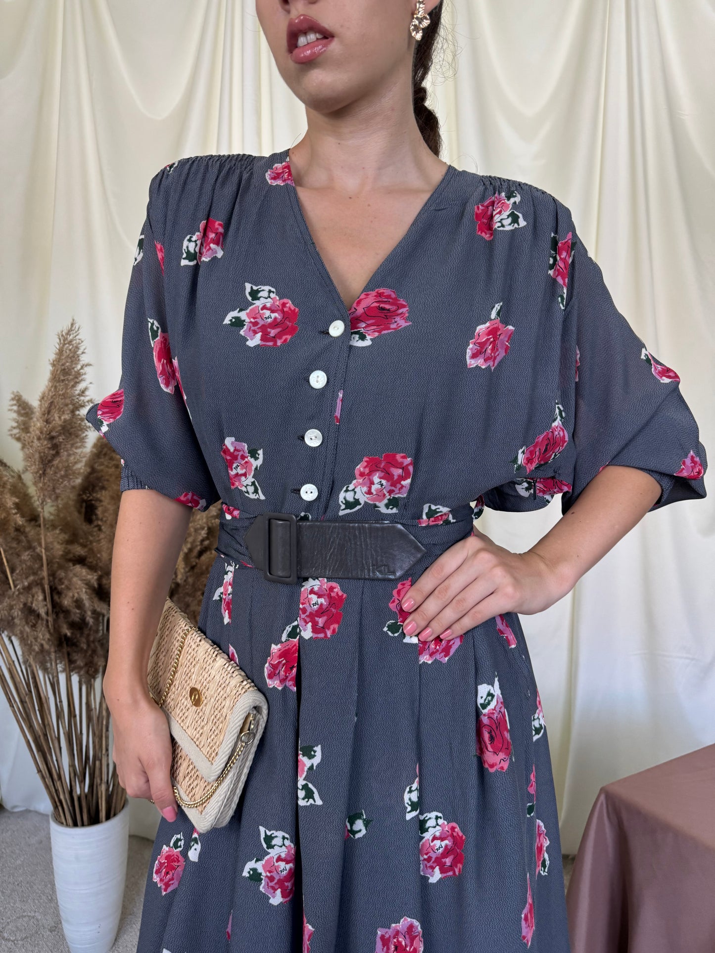 Rochie vintage KARL LAGERFELD cu centura din piele naturala inscripționată, print floral ( mărimea M/L)