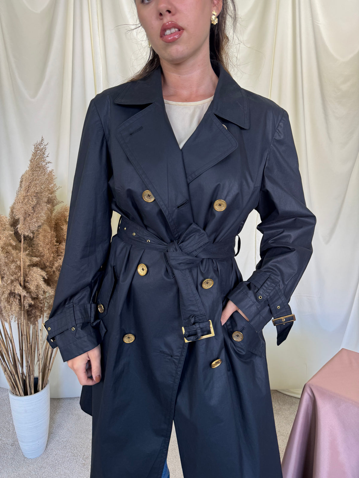 Trench vintage ELEGANCE PARIS cu nasturi inscripționați aurii, croi superb, 100% bumbac ( mărimea L)
